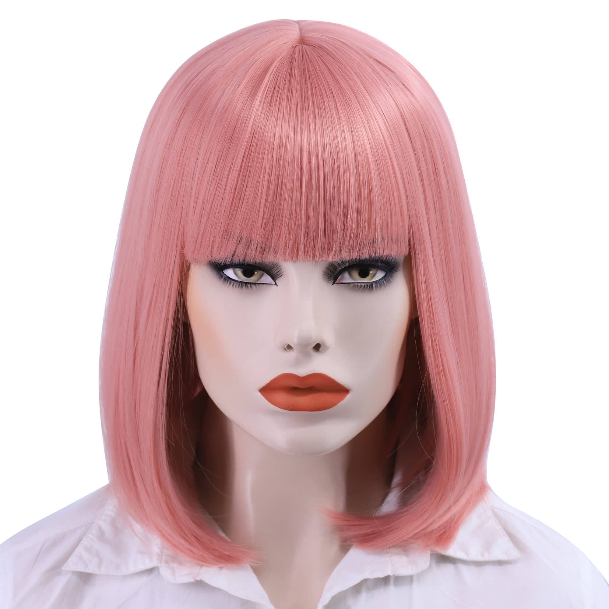 Short Straight Bob Pink Wig with Bangs for Women - Natural Synthetic Hair Wig for Daily Wear, Party, Halloween & Cosplay | Perfect for Costumes, Themed Events & Everyday Fashion
