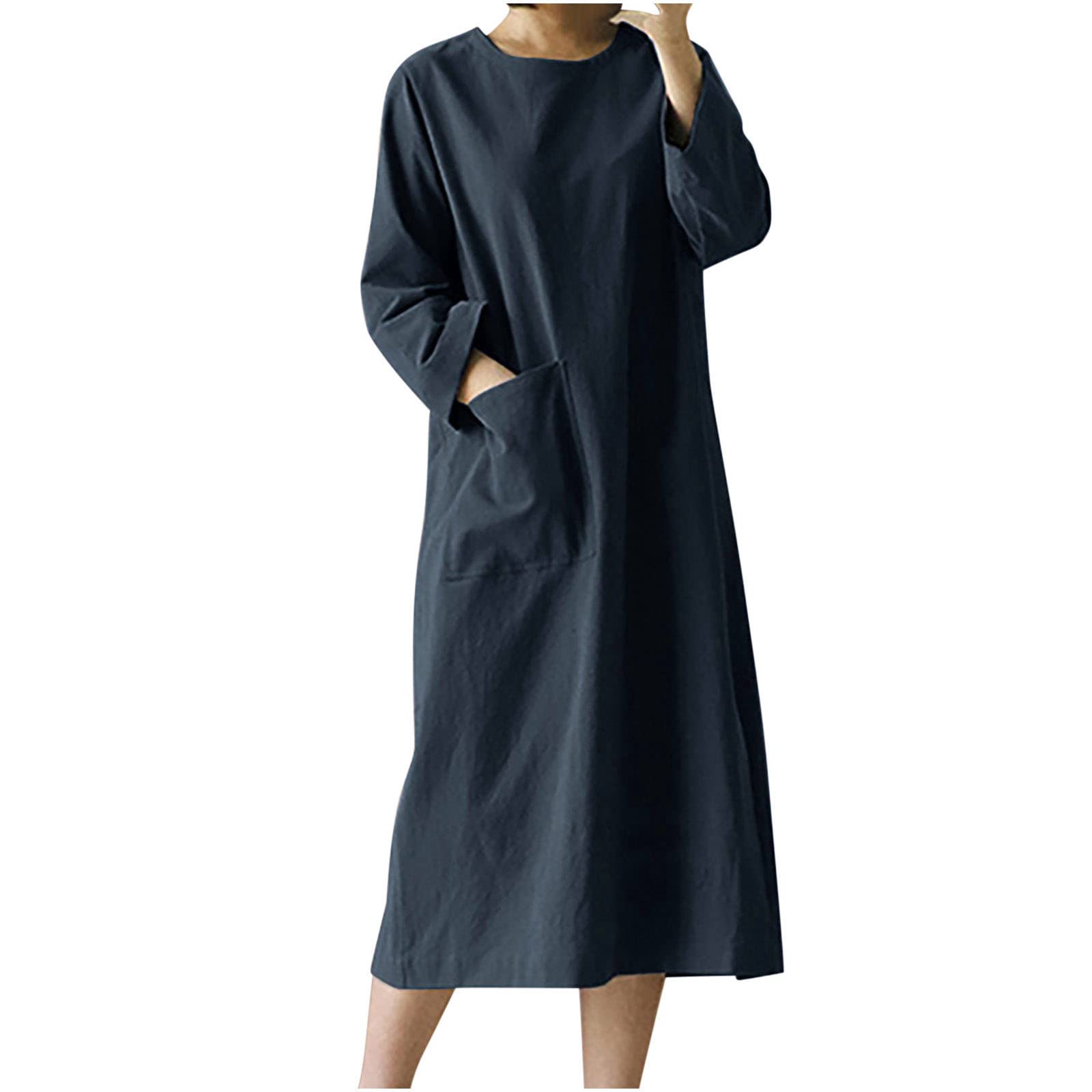 **PATLOLLAV Women's Casual Cotton Linen Maxi Dress with Pockets - Plus Size Crewneck Long Sleeve Loose Tunic Dress for Everyday Wear, Beach, and Travel**