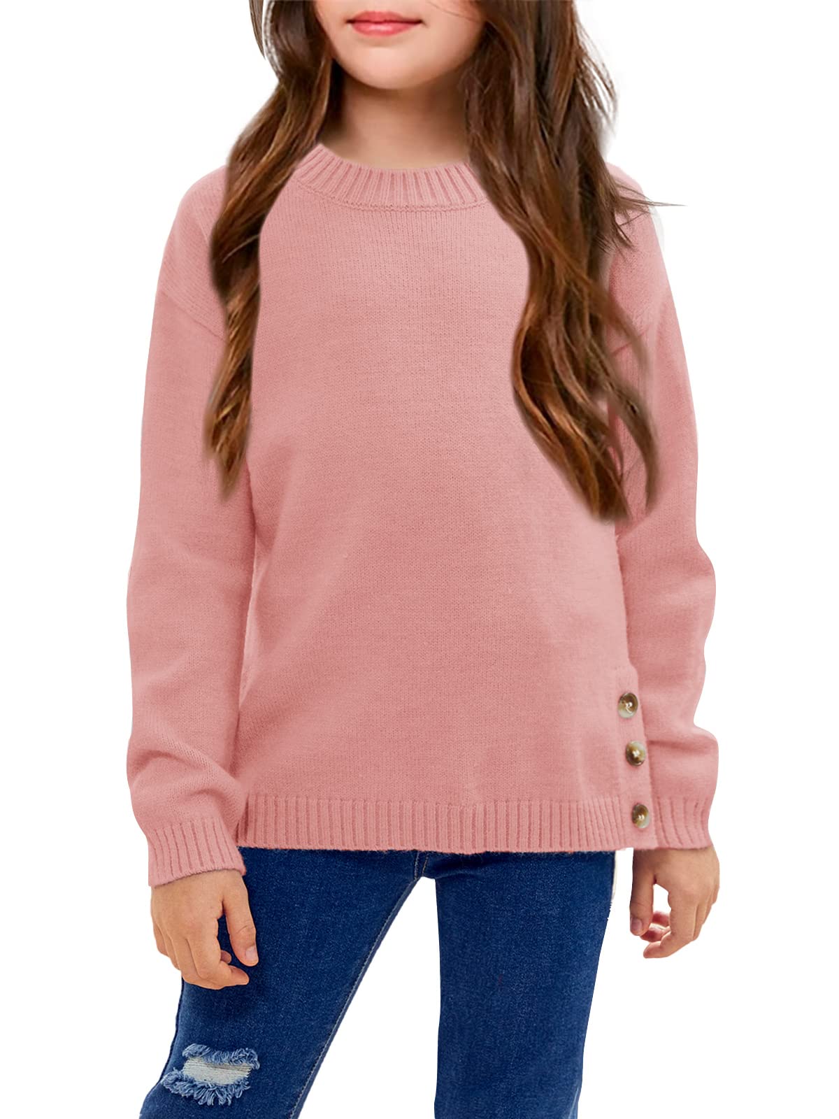GAMISOTE Girls Crew Neck Sweater Long Sleeve Knit Top with Side Buttons - Soft Casual Pullover for School, Playdates & Family Outings