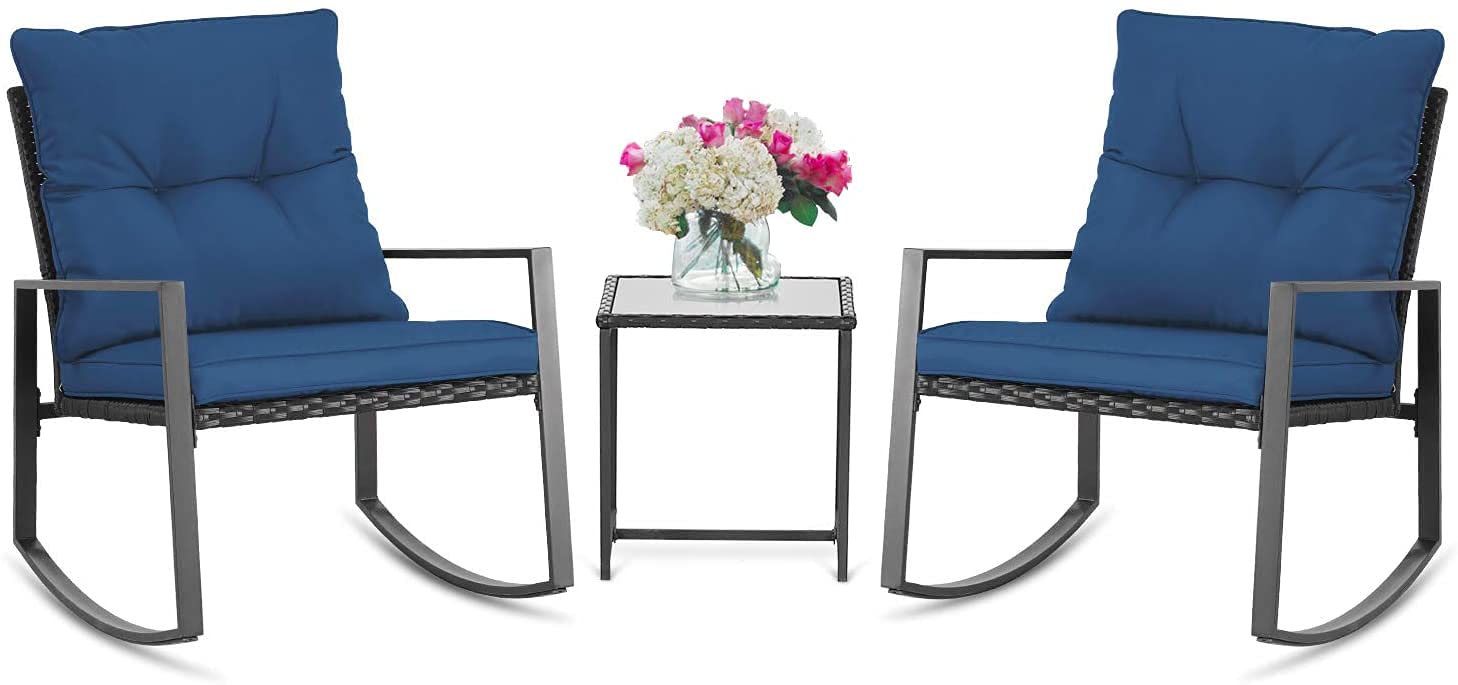 SUNCROWN 3-Piece Outdoor Rocking Bistro Set - Black Wicker Patio Furniture with Glass Coffee Table, Dark Blue - Perfect for Porch, Garden, or Backyard Relaxation & Conversation