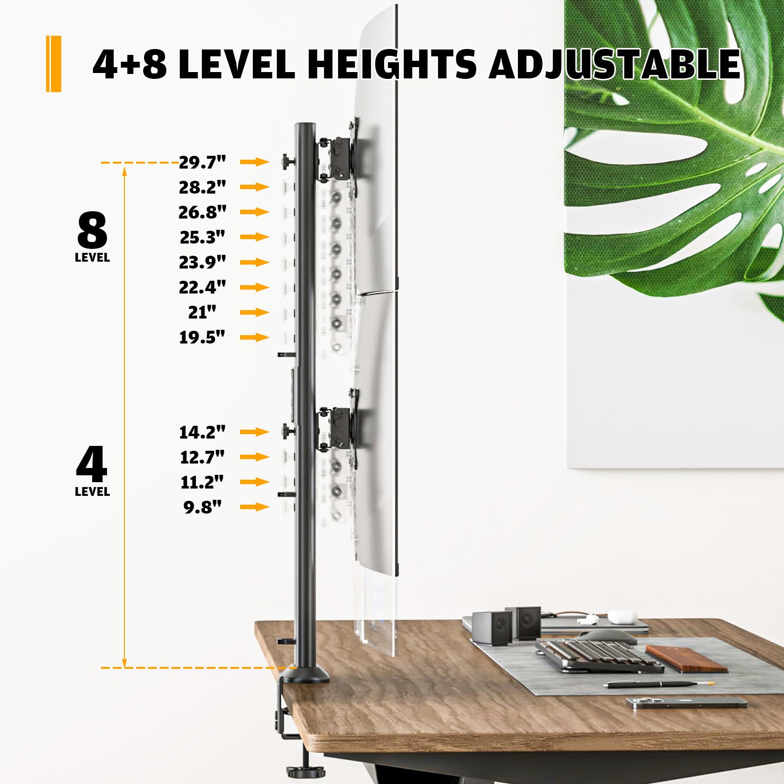 HEMUDU Dual Monitor Stand - Adjustable Articulating Arm for Vertical Stack 13 to 34 Inch Screens, Heavy Duty C-Clamp Mount for Home & Office Workspace (Ideal for Coding, Gaming, and Multitasking)