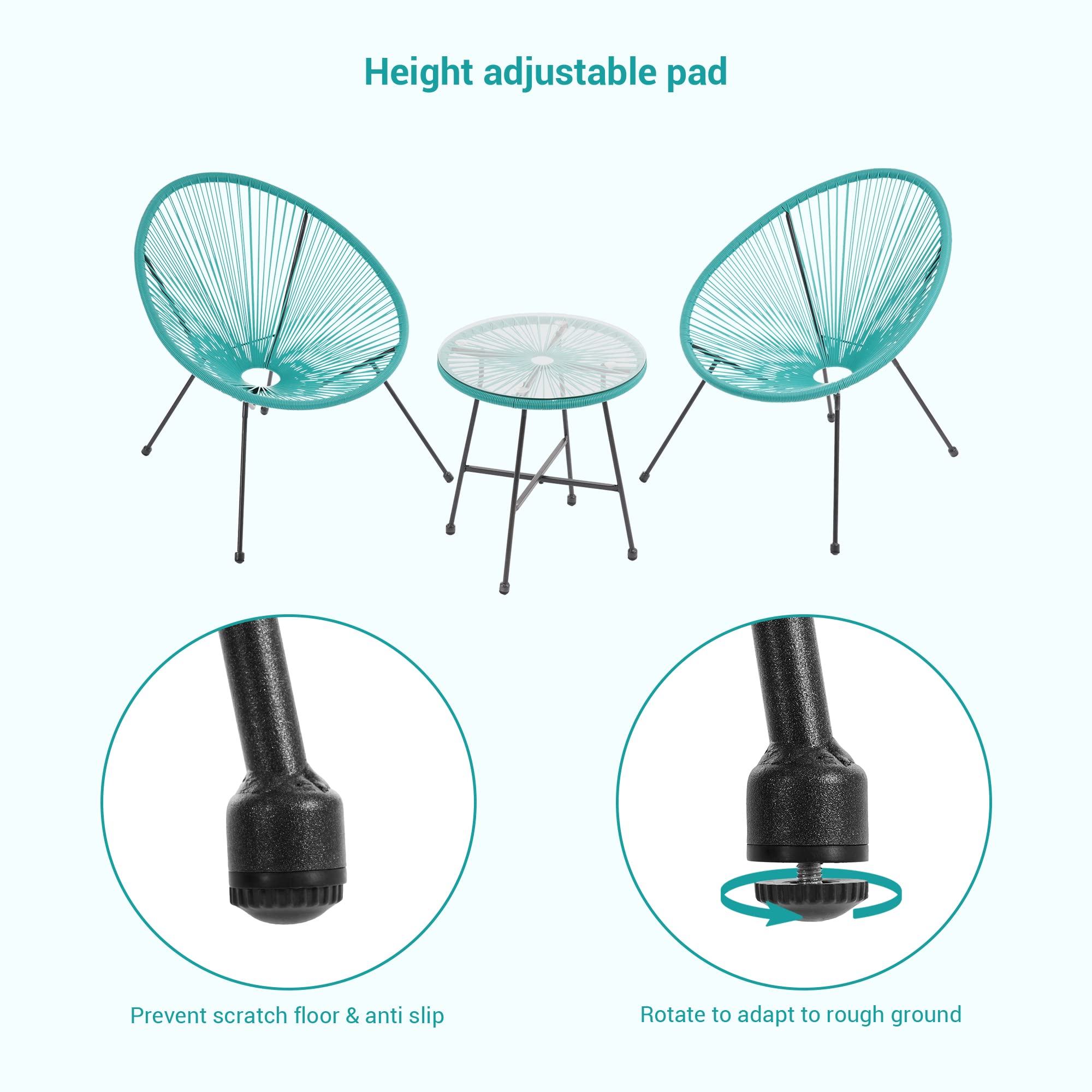 3-Piece Acapulco Patio Furniture Set with Glass Top Table & 2 Chairs - Indoor/Outdoor Seating in Lake Blue - Perfect for Poolside, Garden, and Backyard Relaxation