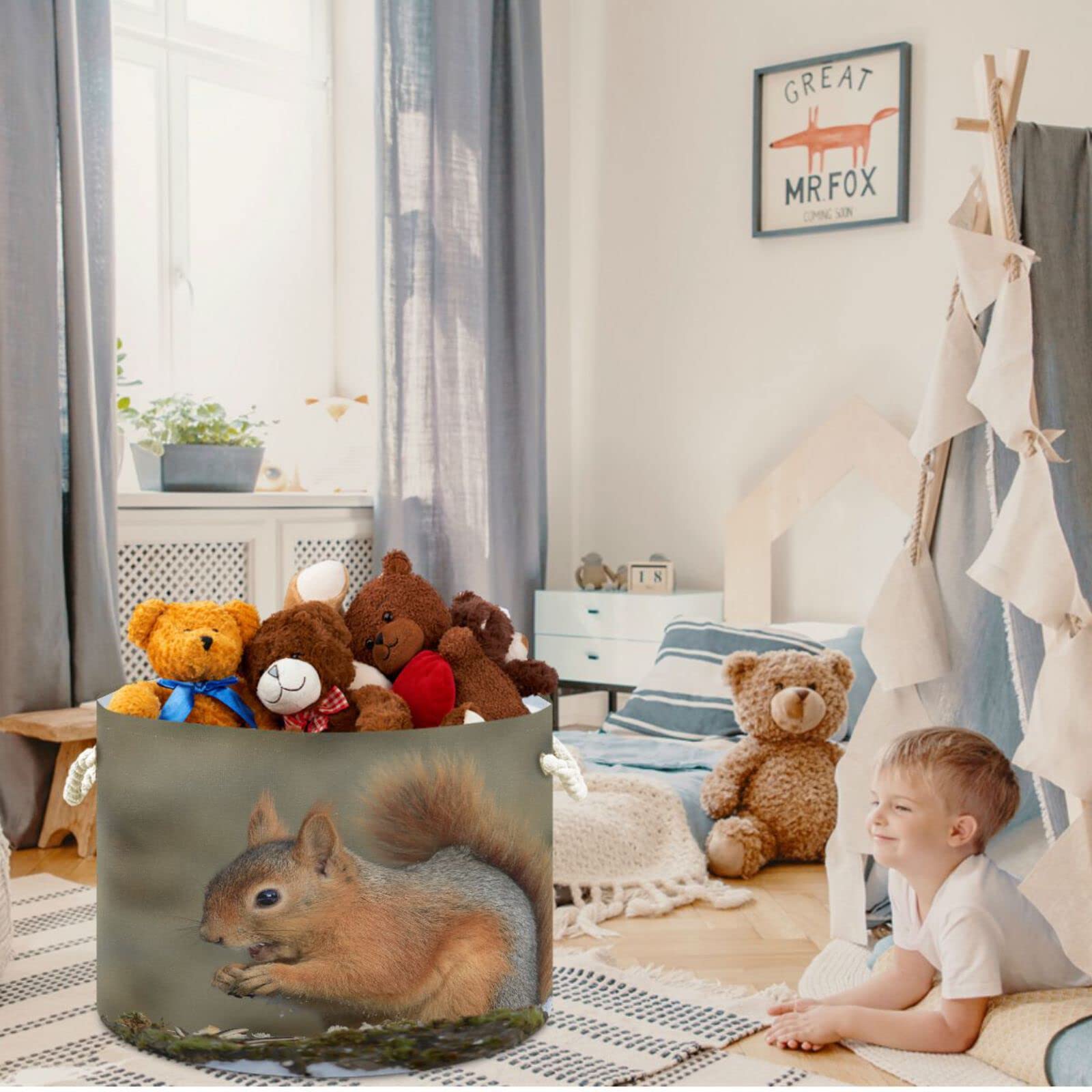 Visesunny Collapsible Fabric Storage Basket - Squirrel Eating Nut Design, Laundry Hamper & Toy Organizer for Bathroom, Bedroom, Nursery, Closet & Office | Perfect for Kids' Room Organization & Home Decor