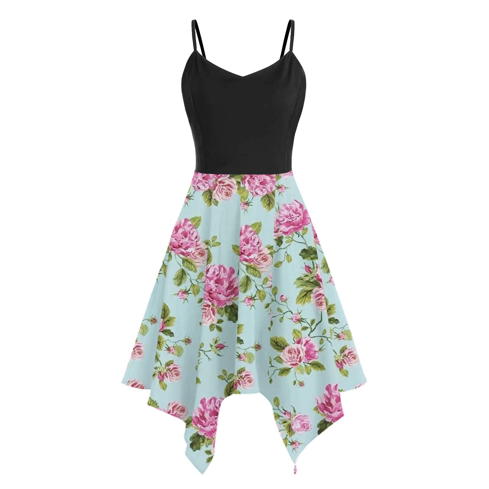 iQKA Women's Sunflower Print Mini Dress - Plus Size Asymmetric Camisole Summer Dress for Beach, Vacation & Casual Wear | Floral Sling Dress for Women