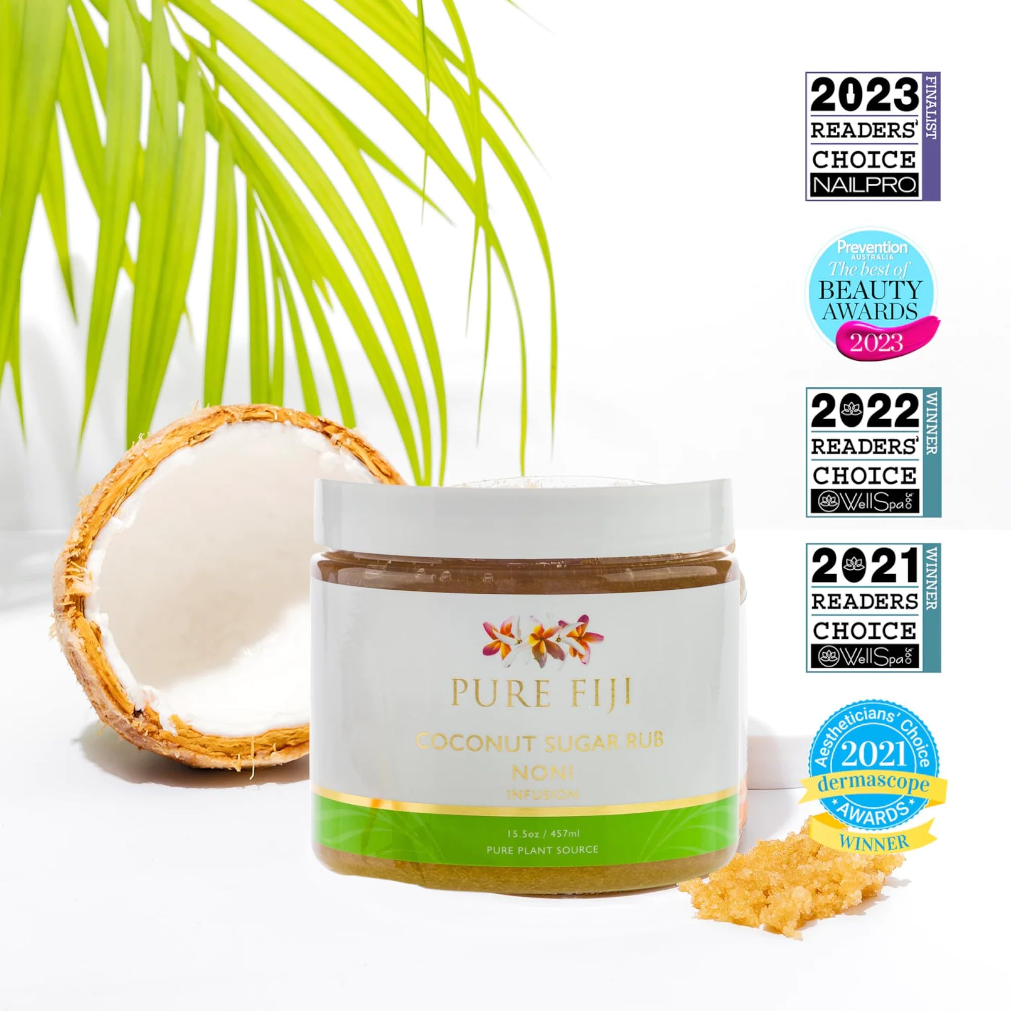 Pure Fiji Coconut Sugar Body Scrub - Organic Natural Exfoliator for Smooth Soft Skin - Noni Infused Body Polish (15.5 Oz) - Perfect for Spa Day, Dry Skin Treatment & At-Home Self Care