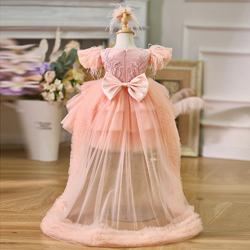 **Elegant Puffy Princess Dress for Girls - Birthday Party Gown with Train - Perfect for Cake Smash, Photo Shoots & Special Occasions**
