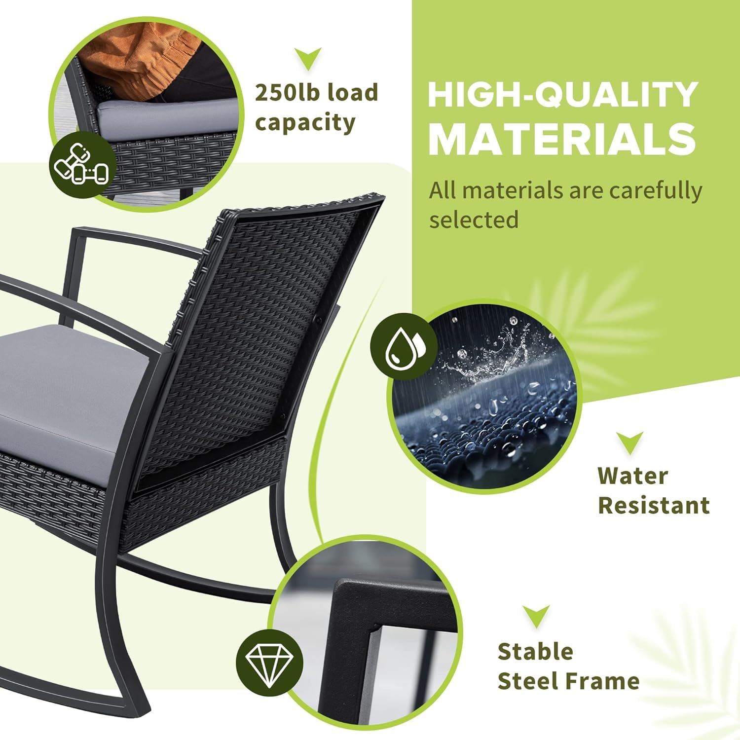 Homall 3-Piece Outdoor Patio Furniture Set - Resin Bistro Table & Rocking Chairs with Cushions for Porch, Poolside, Balcony, Yard (Grey) - Perfect for Relaxing, Entertaining & Outdoor Dining
