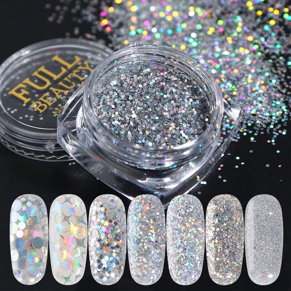 Holographic Nail Art Sequins Glitter Kit - 8 Boxes Metallic Shining Flakes for Nail Decoration | Silver & Rainbow Nail Glitter Powder Set | Perfect for Manicure, DIY Nail Art, and Professional Salon Use