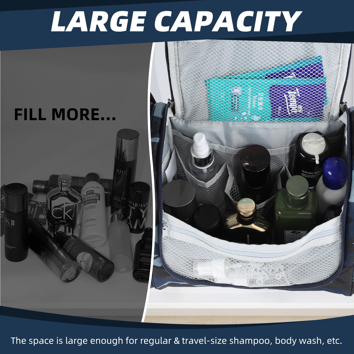 Large Water-resistant Hanging Toiletry Bag for Women & Men - Spacious Travel Cosmetic Organizer with Multiple Pockets, Perfect for Makeup, Shaving Kit & Full-sized Toiletries (Camo Blue) | Ideal for Camping, Gym, Business Trips & Vacation Essentials