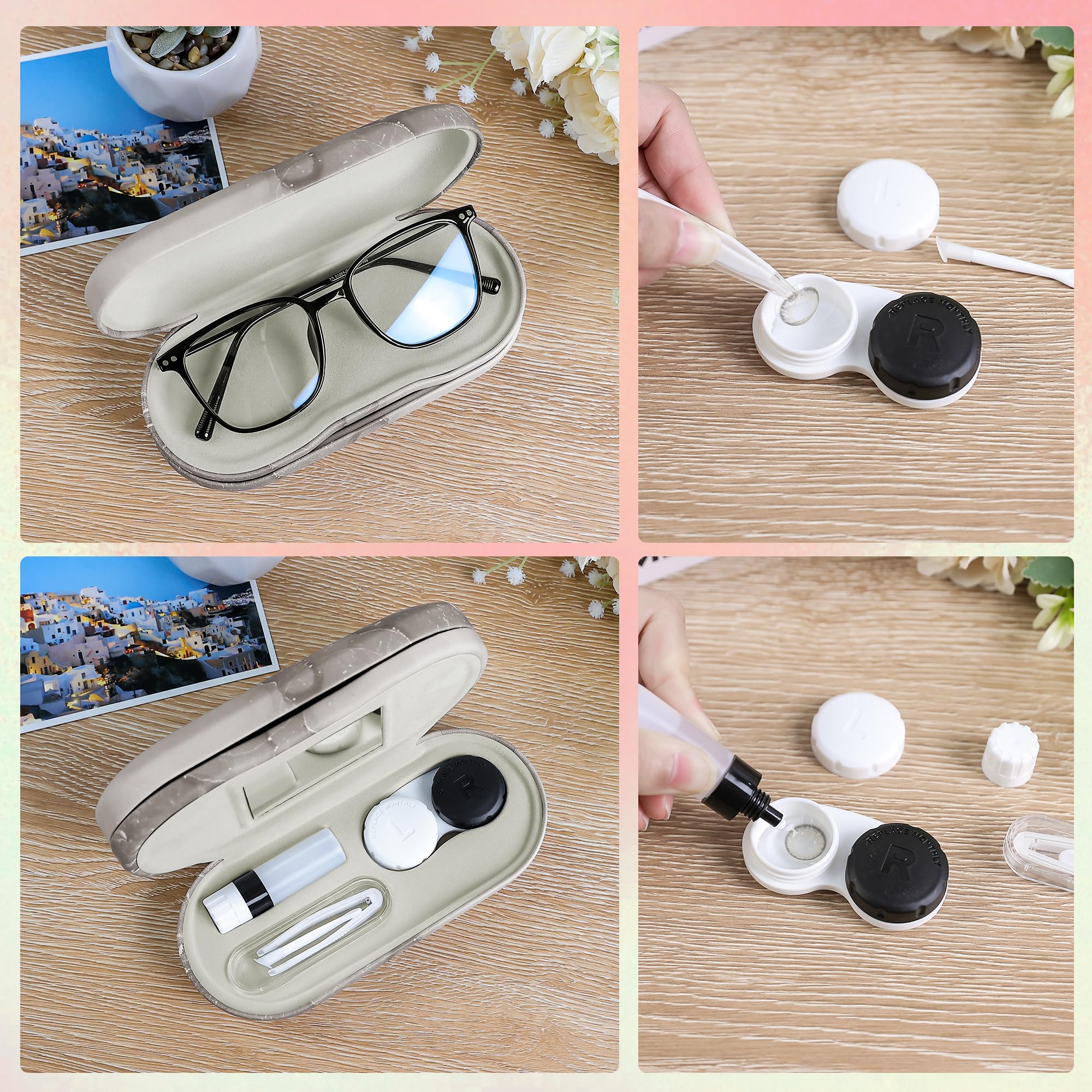 2 in 1 Contact Lens and Glasses Case with Mirror - Double Sided Travel Storage Kit Includes Tweezer & Solution Bottle - Portable Eyewear Organizer for Travel, Office, Gym (Grey & Black Marble)