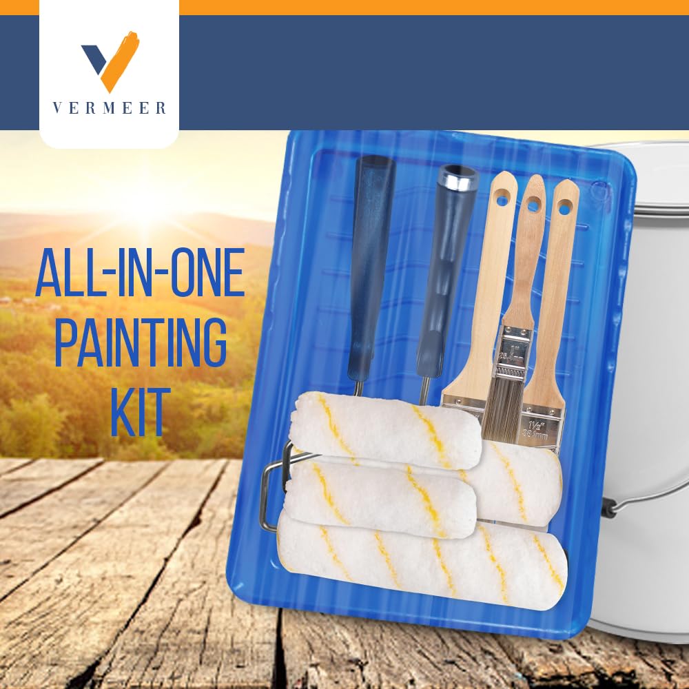 Vermeer Paint Roller Kit - 10-Piece All-in-One Painting Set with Plastic Tray, Rollers & Brushes for All Paints & Stains - Perfect for Home DIY Projects, Wall Painting & Furniture Refinishing