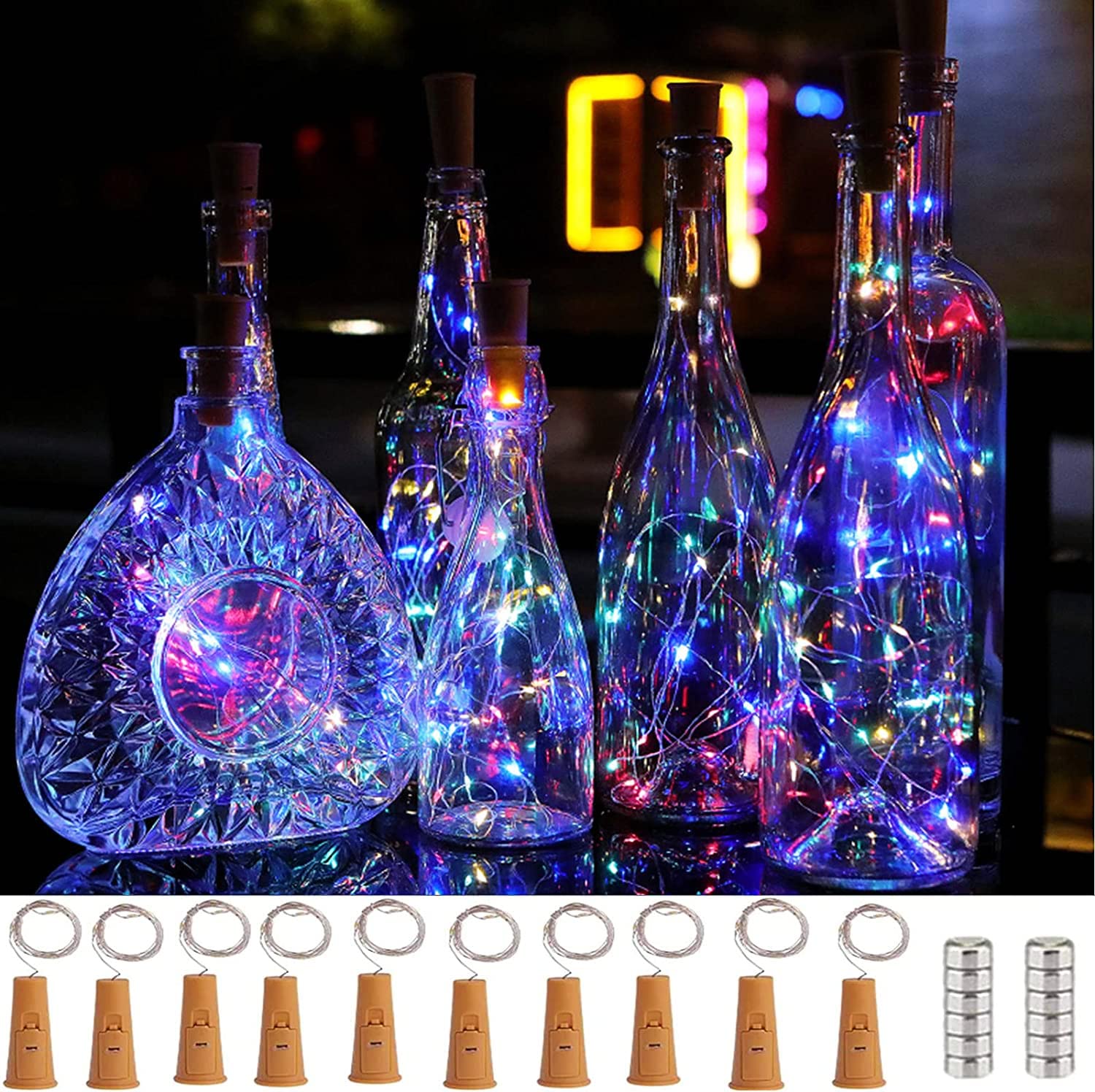 10 Pack Wine Bottle LED Lights with Cork - 20 LED 5 Dimmable Modes Battery Operated Silver Wire Fairy String Lights for DIY, Wedding, Party, Halloween, Christmas Decor - Perfect for Indoor/Outdoor Home, Garden, Bar, Restaurant, and Event Lighting
