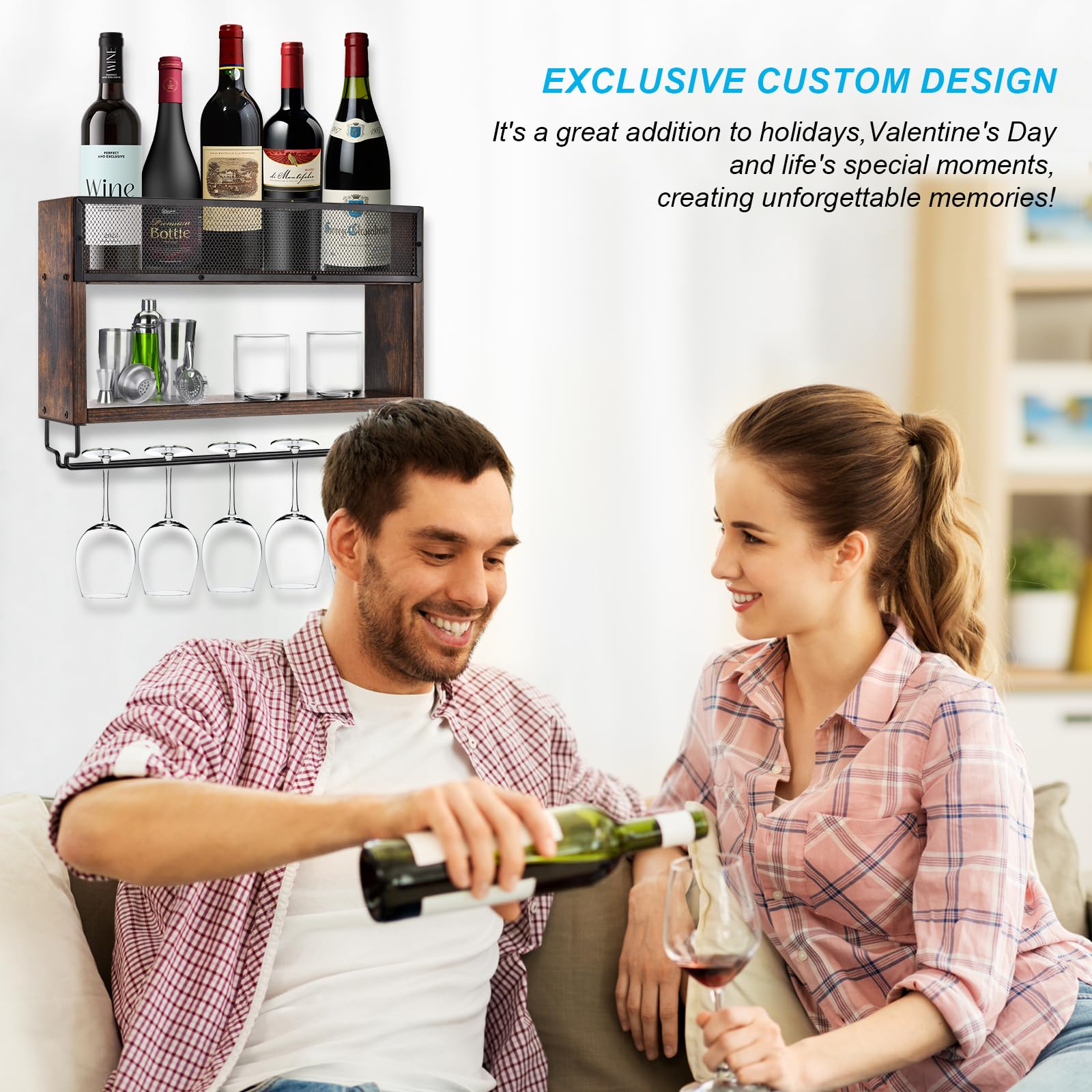 Brown Wooden Wall Mounted Wine Rack with Glass Holder - Space Saving Wine Storage for Kitchen, Dining Room & Home Bar - Perfect for Wine Enthusiasts & Entertaining Guests