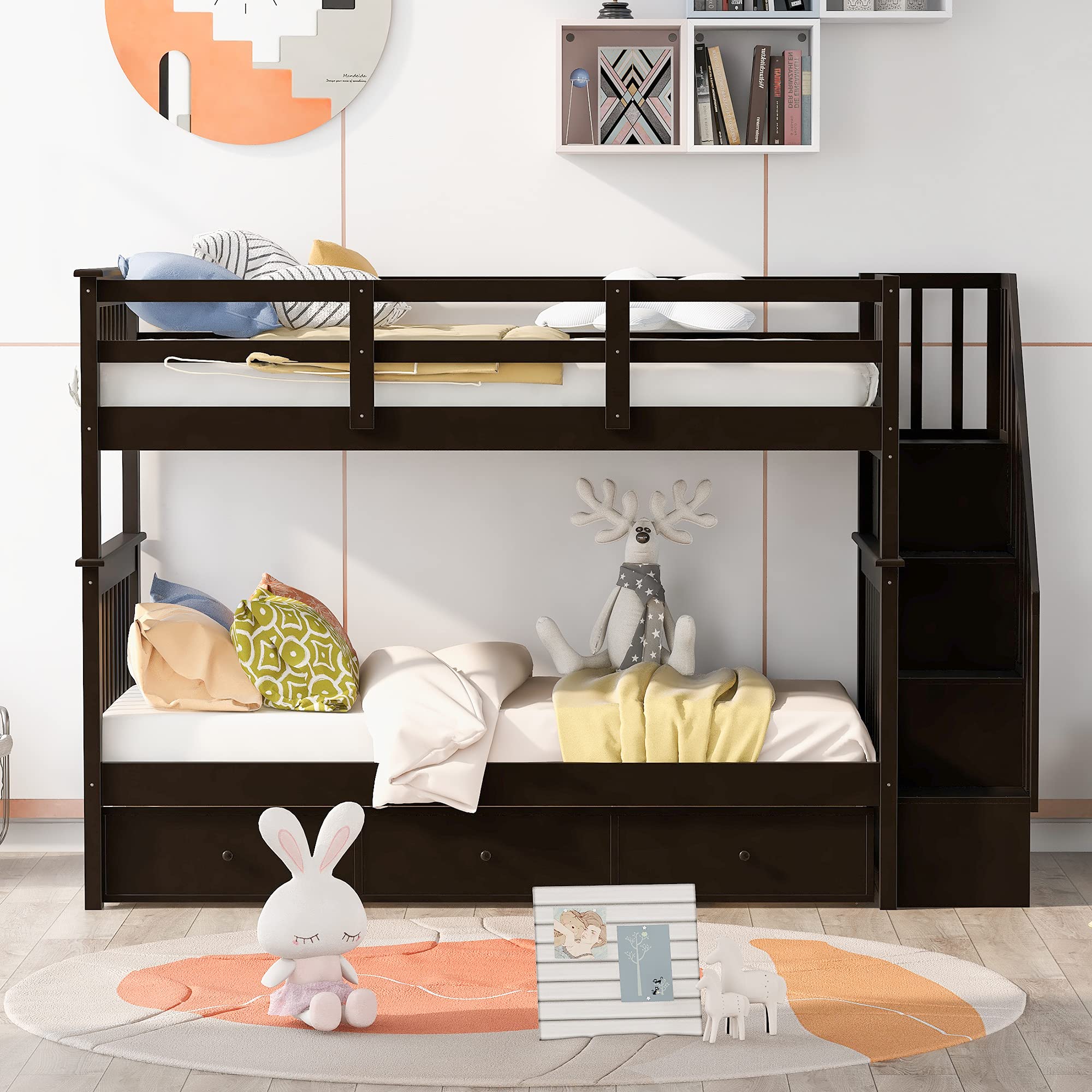 Twin Over Twin Bunk Bed with Stairs, 3 Drawers & Storage Shelves - Solid Wood Frame, Full-Length Guardrails, Space-Saving Design in Espresso Finish - Perfect for Kids' Bedrooms, Guest Rooms & Small Spaces