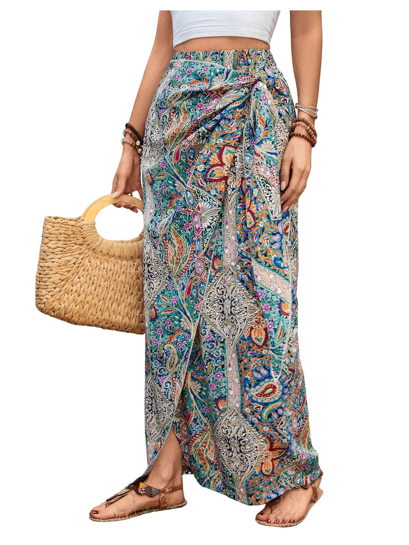 Boho Paisley Print High Waisted Wrap Skirt for Women - Flowy Summer Maxi Long Skirt with Side Slit | Perfect for Beach Vacations, Music Festivals & Boho Chic Outfits