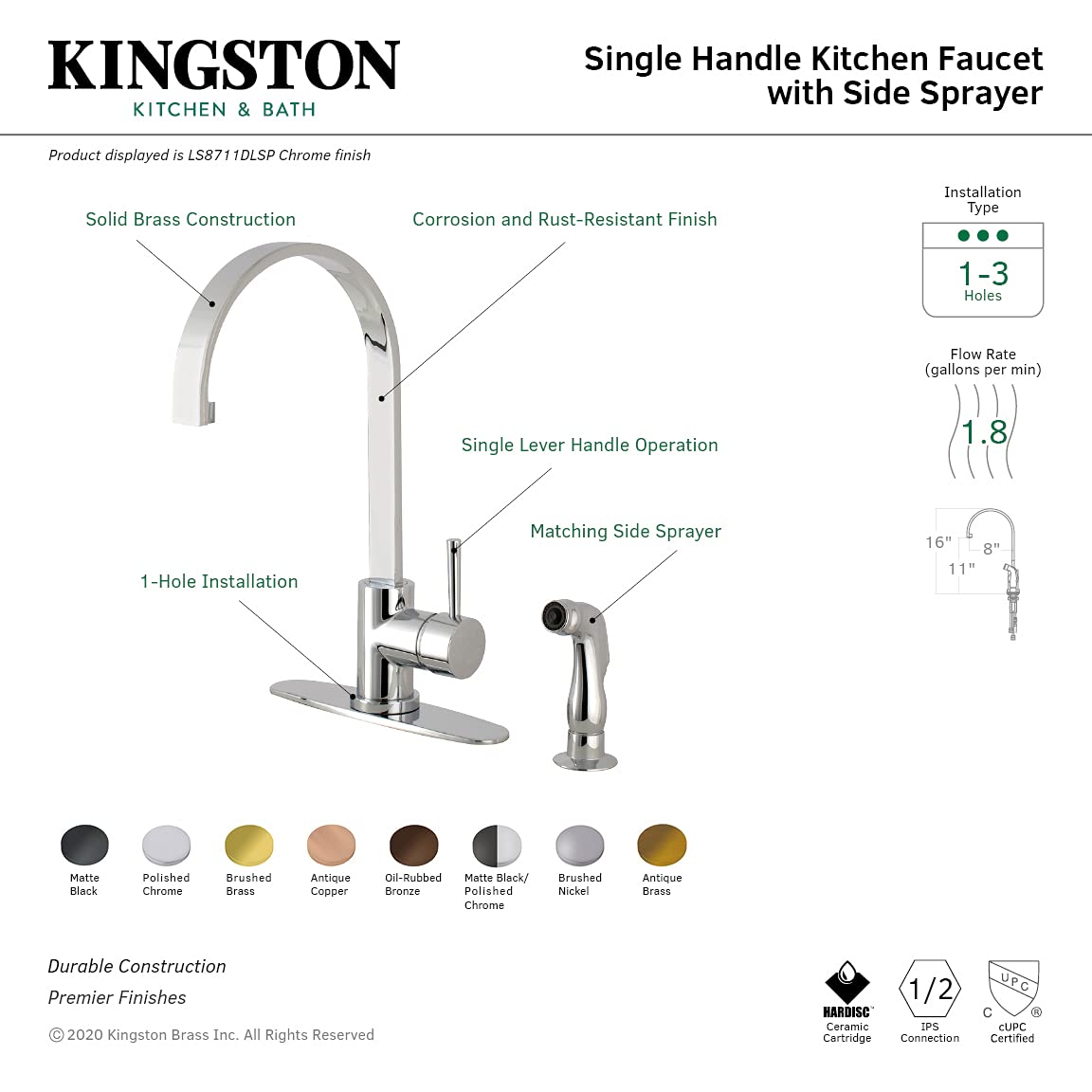 Kingston Brass LS8715DLSP Concord 8-Inch Spout Reach Kitchen Faucet in Oil Rubbed Bronze - Perfect for Modern Farmhouse & Traditional Kitchen Sinks