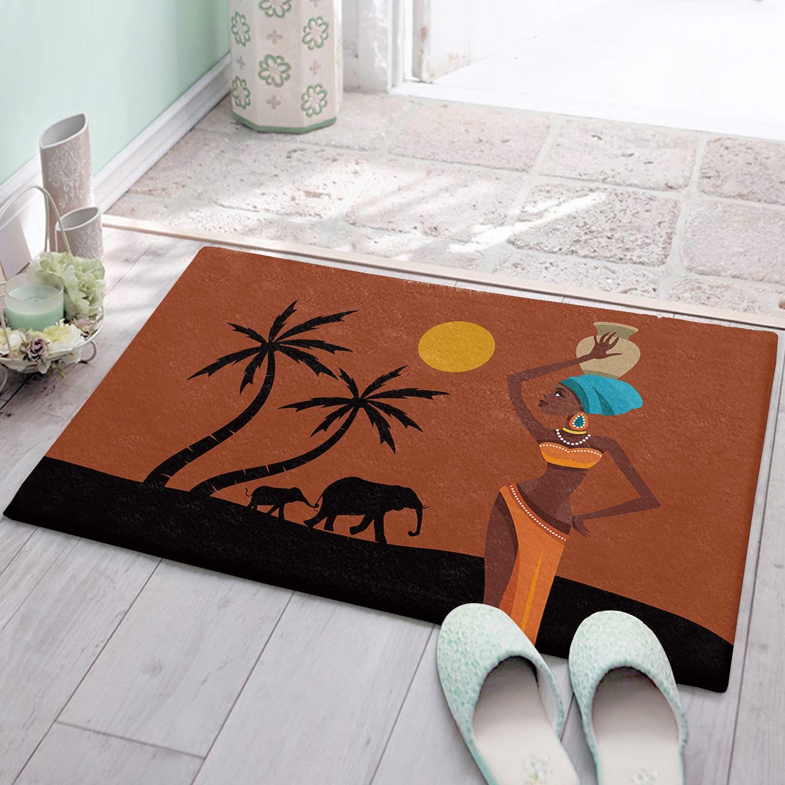 Non-Slip Bath Mats 20x32 Inch - African Sunset Tree & Animal Pattern, Machine Washable Absorbent Bathroom Rugs for Tub & Shower - Perfect for Boho, Afrocentric & Folk Art Home Decor