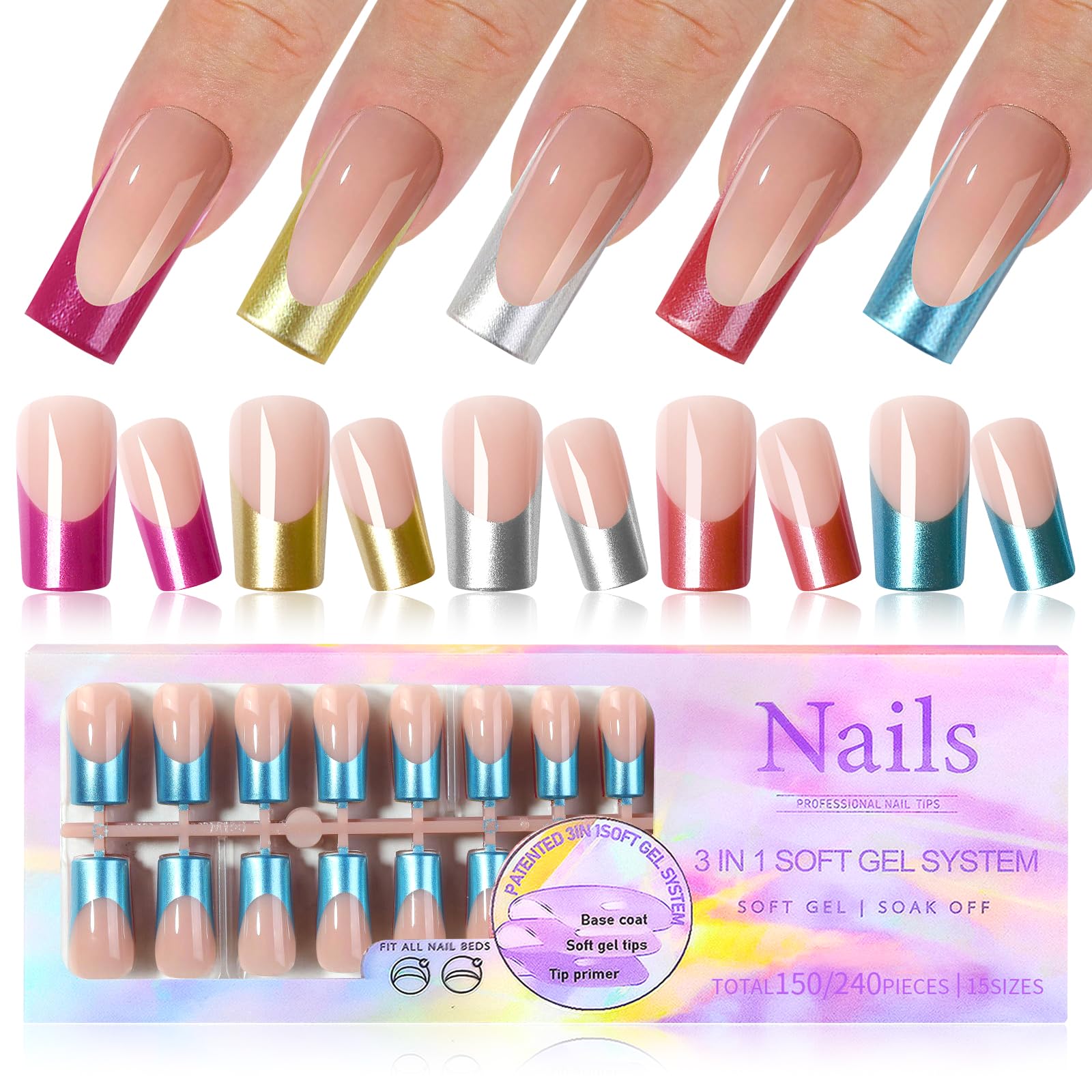 Pre-Colored French Tip Press on Nails - Long Square Fake Nails with Nude False Nails (150Pcs) - 5 Colors Acrylic Soft Gel Nails Tips for Women - Perfect for Parties, Weddings & Everyday Wear