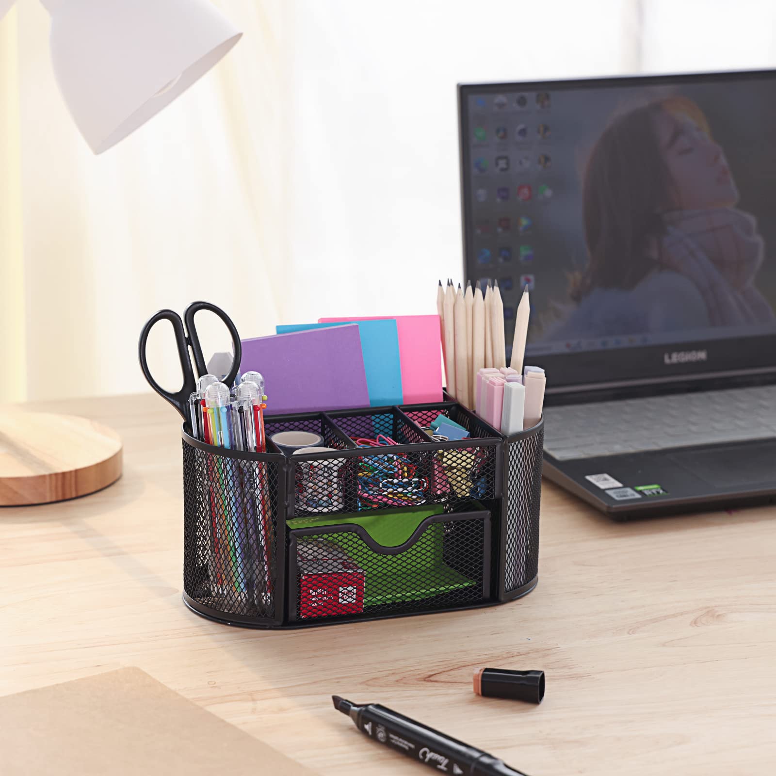 EOOUT Mesh Desk Organizer with 8 Compartments & Drawer - Pencil Holder, Office Supplies Storage, School Stationery Organizer for Home, Office, and Classroom Workspace Organization