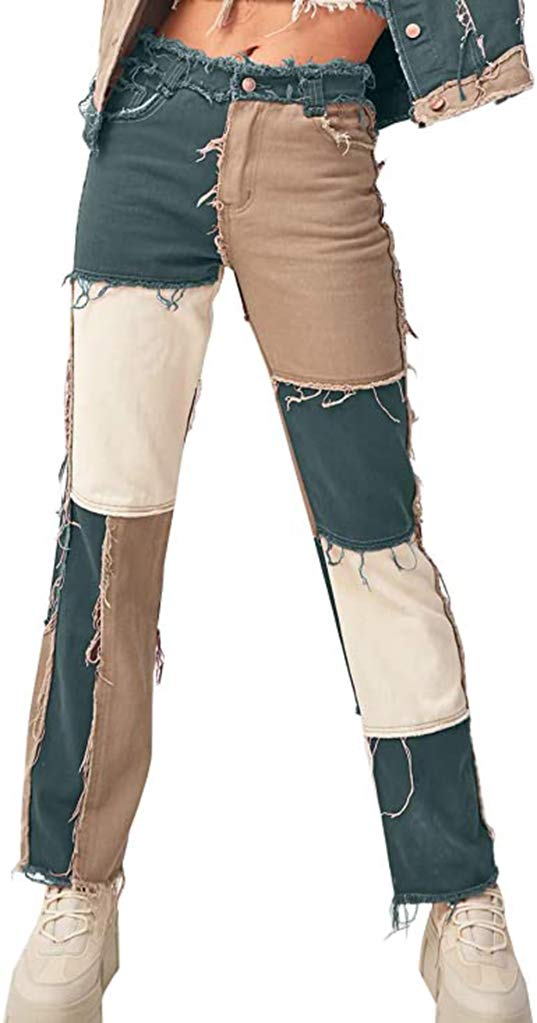 Women's High Waist Straight Leg Denim Jeans - Frayed Raw Hem & Casual Patchwork Design | Perfect for Everyday Wear, Street Style & Weekend Outfits