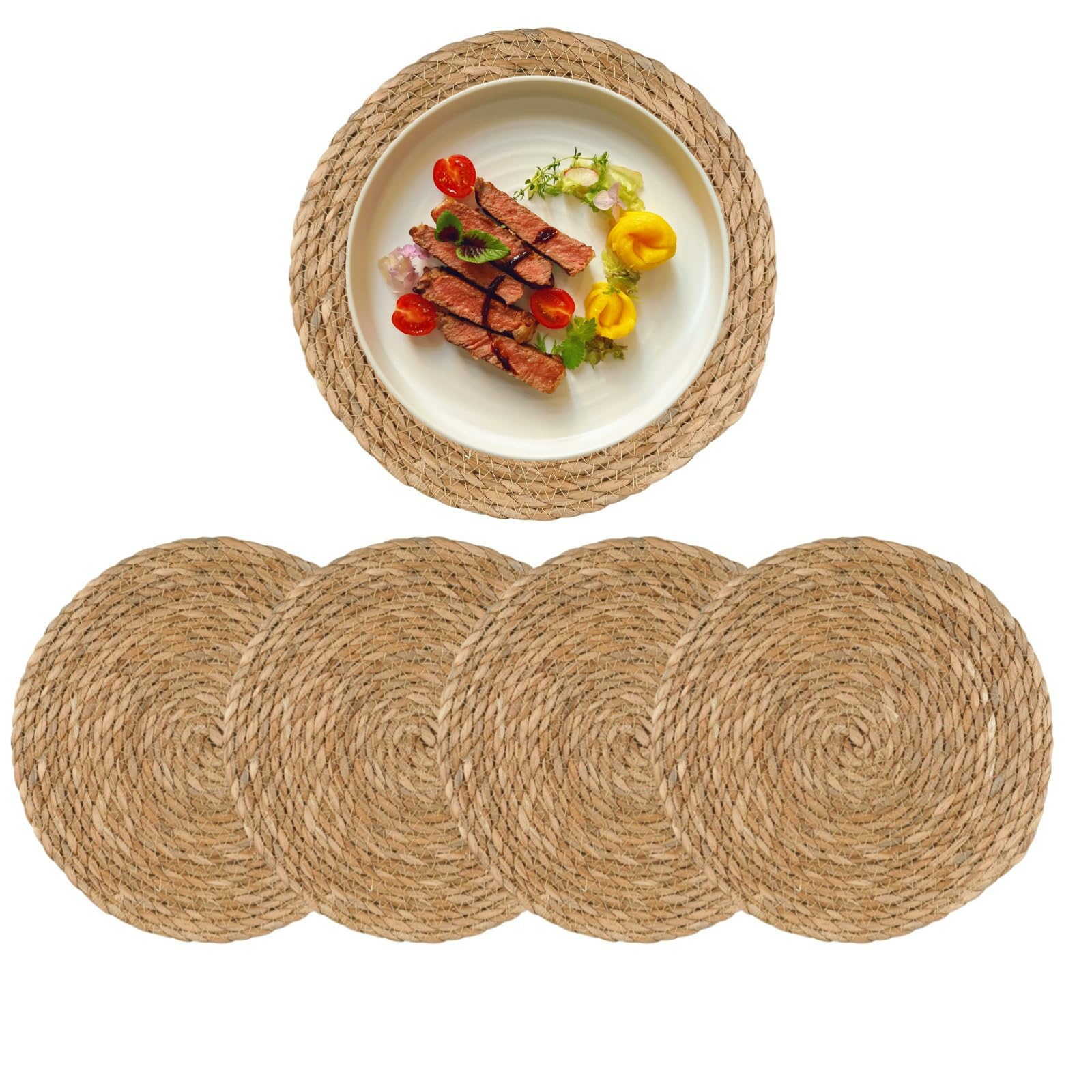 Boho Rattan Placemats Set of 4 - 12 Inch Round Woven Table Mats for Dinner Plates, Natural Hand-Woven Chargers, Farmhouse & Wicker Dining Table Decor - Perfect for Boho, Rustic & Farmhouse Style Home Decor, Dinner Parties & Everyday Use