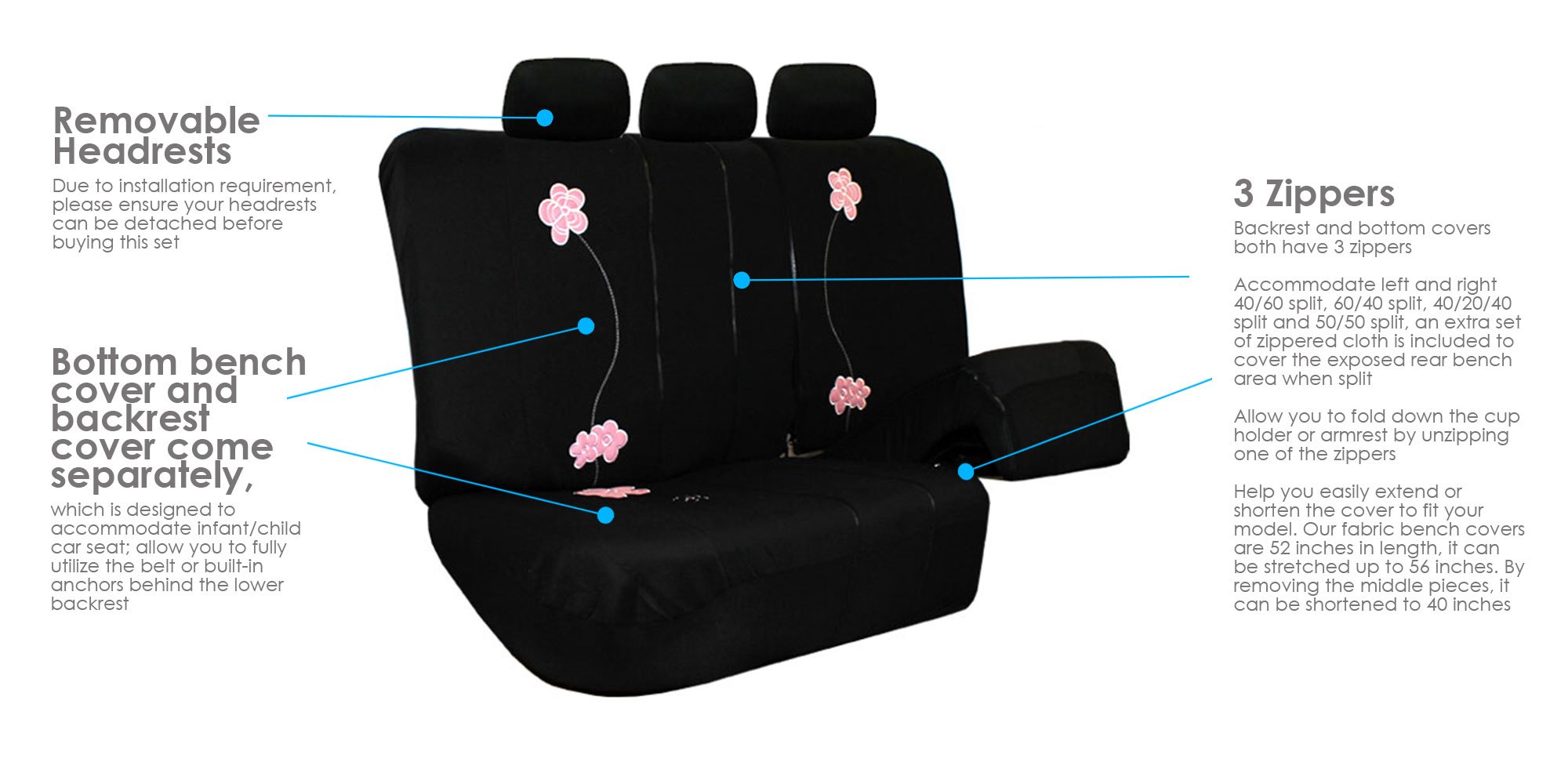 FH Group Floral Full Set Solid Black Car Seat Covers - Universal Fit for Cars, Trucks & SUVs | Airbag Compatible & Split Rear Design | Durable Interior Accessories for Daily Commute, Road Trips & Family Travel