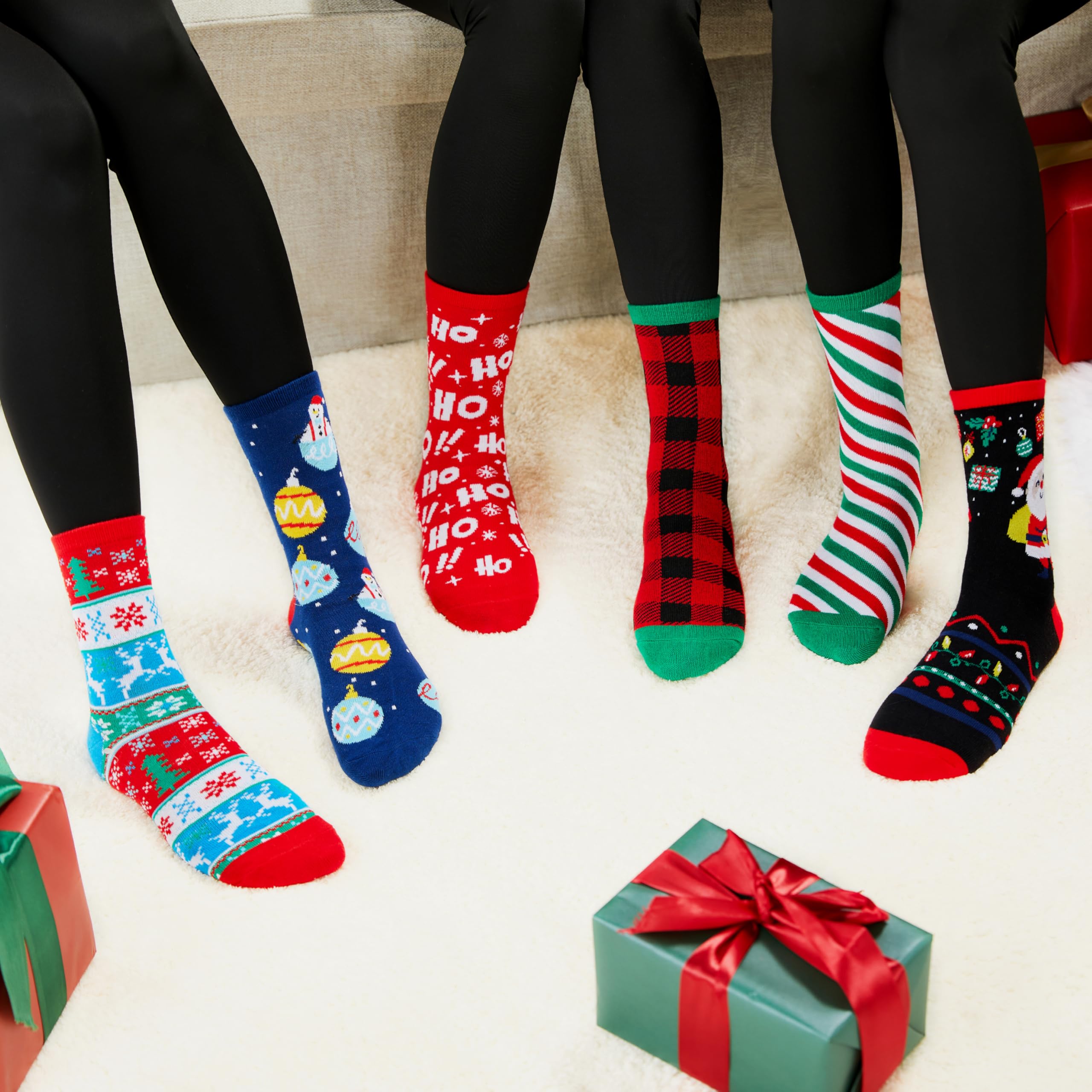 6 Pairs Women's Christmas Socks - Warm Cotton Holiday Crew Socks with HO Plaid Design | Perfect for Winter, Christmas Parties, Gift Exchanges & Cozy Home Celebrations