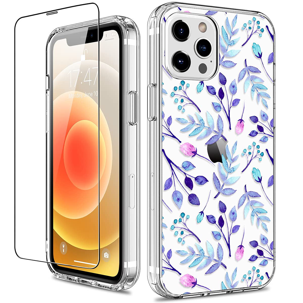 GiiKa Clear Shockproof iPhone 12 Pro Max Case with Screen Protector | Full Body Protection Hard Case with TPU Bumper | Floral Design for Women & Girls | Perfect for Everyday Use, Travel & Outdoor Activities