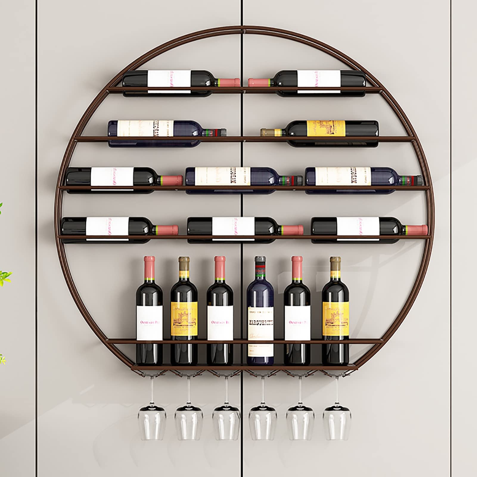 Wall Mounted Metal Wine Glass Holder & Bottle Rack - Decorative Iron Floating Shelf for Stemware Goblets (Brown) | Perfect for Kitchen, Bar, Dining Room & Wine Cellar Organization