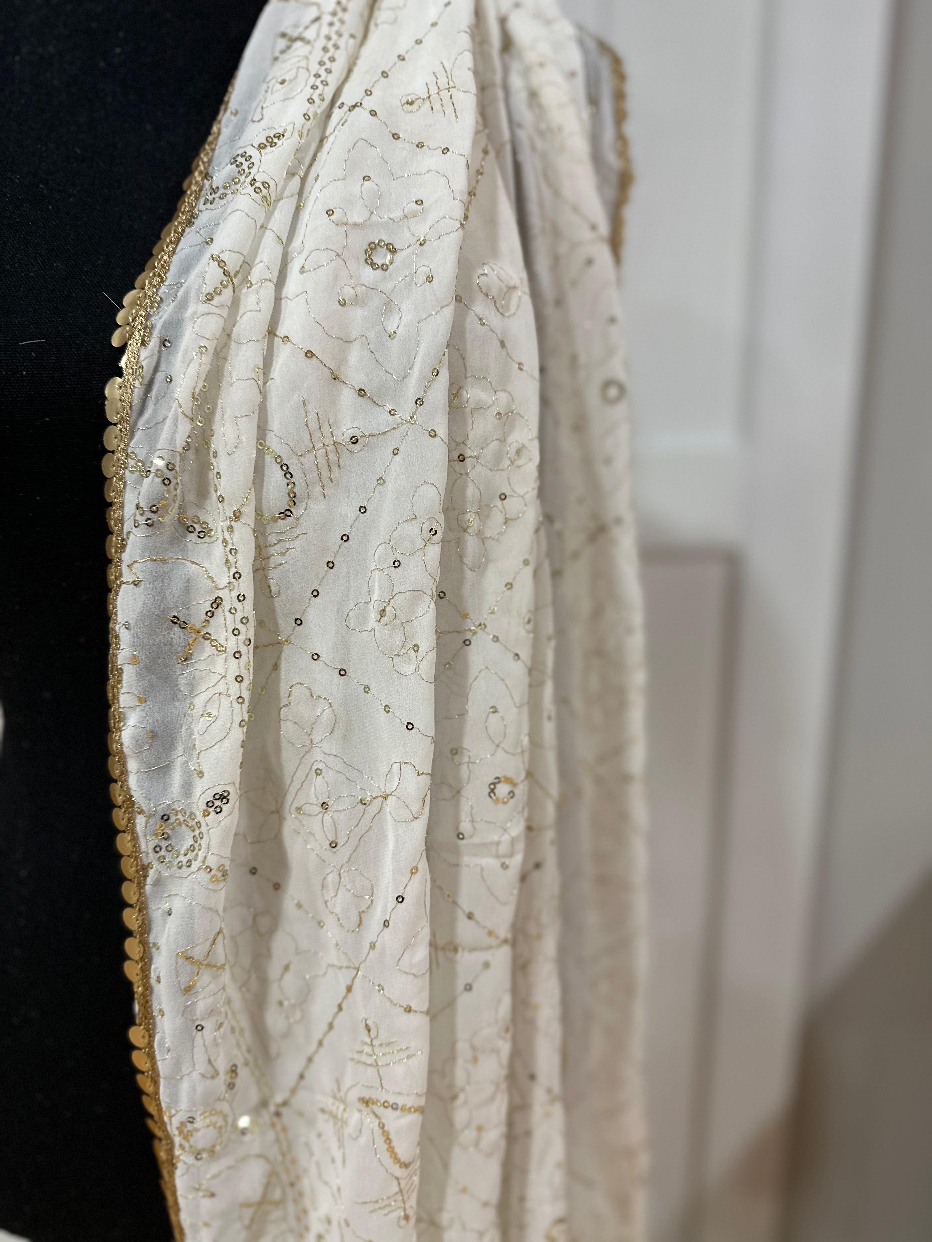 Elegant White and Gold Dupatta Scarf - Premium Embroidered Shawl for Women - Perfect for Weddings, Parties, and Festive Occasions