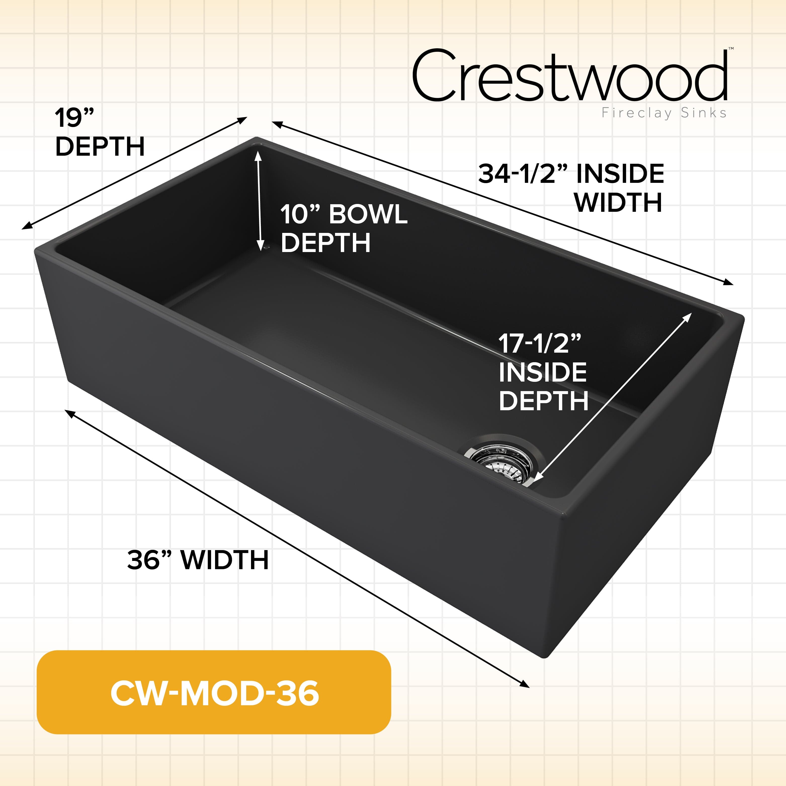 Crestwood 36 Inch Modern Single Bowl Fireclay Kitchen Sink - Durable Farmhouse Apron Front Sink for Rustic & Contemporary Kitchens | Perfect for Food Prep, Dishwashing & Home Renovation