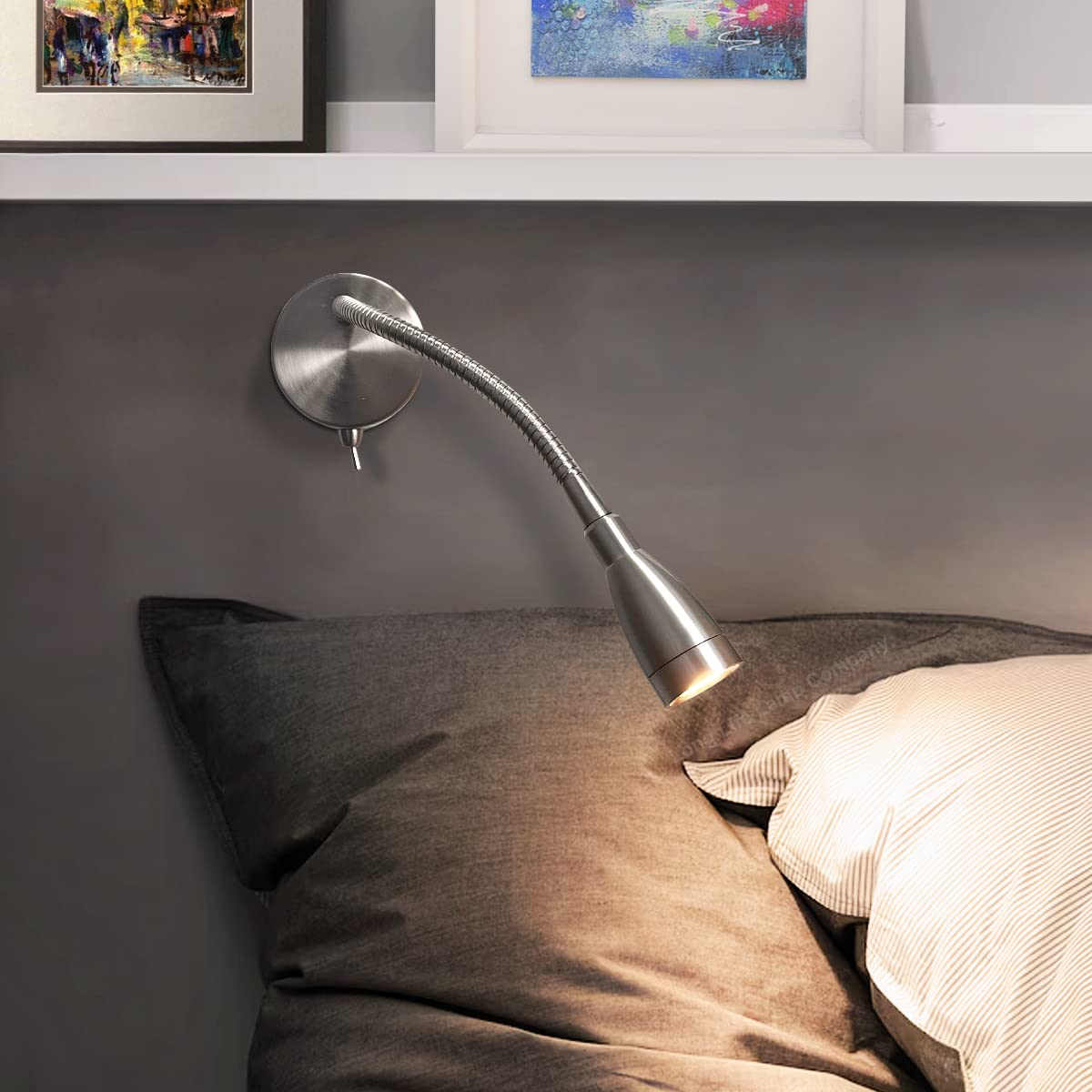 Long Life LED Bedside Reading Light - Wall Mounted Flexible Arm Headboard Lamp with Switch, 3000K Warm White, Brushed Chrome (H3049) - Perfect for Bedrooms, Dorms, and Nighttime Reading