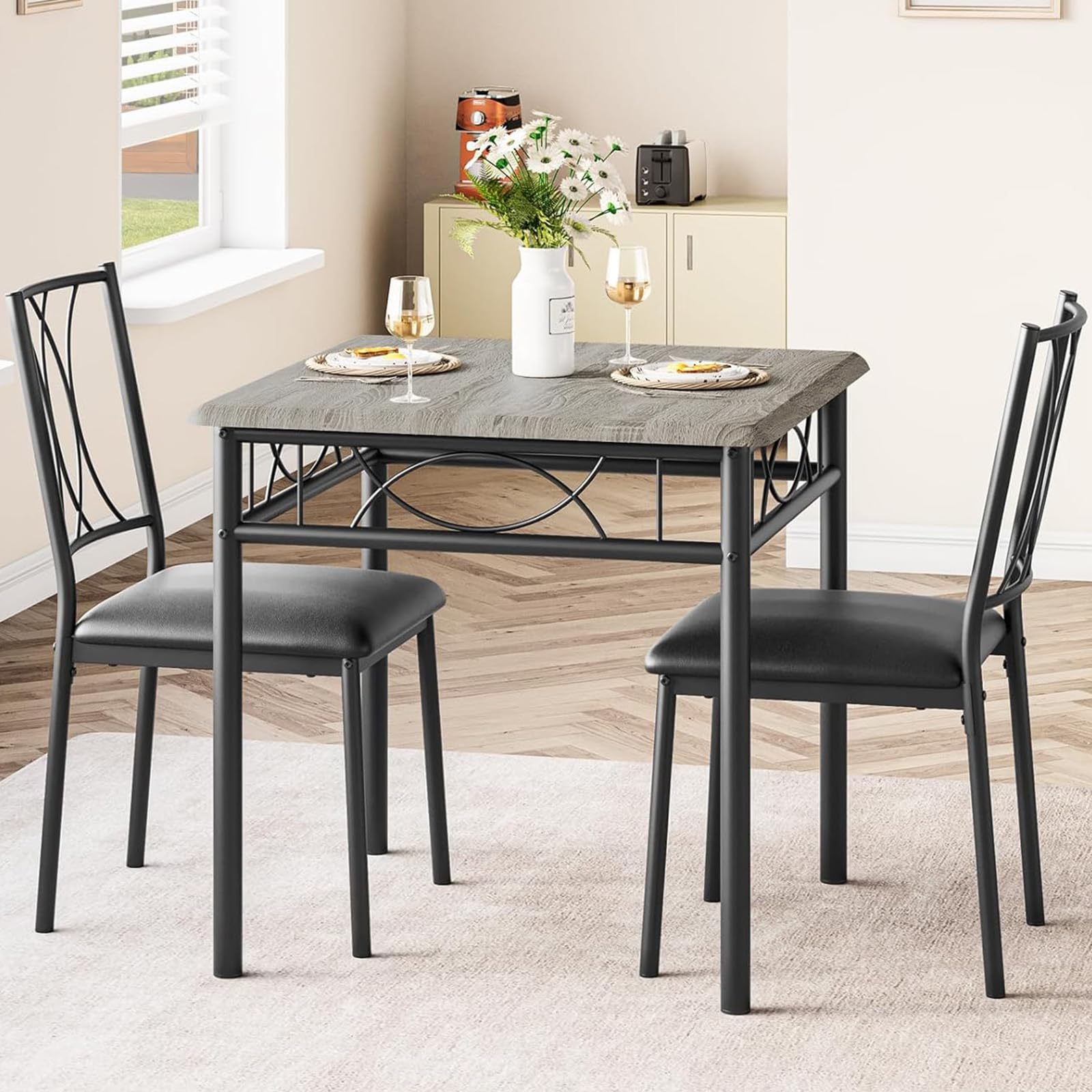 CABIHOME 3-Piece Square Dining Table Set for 2 with 2 Upholstered Chairs - Compact Kitchen Table for Small Spaces, Apartments & Dining Rooms - Retro Gray Finish - Perfect for Breakfast Nooks, Studio Apartments & Cozy Dining Areas