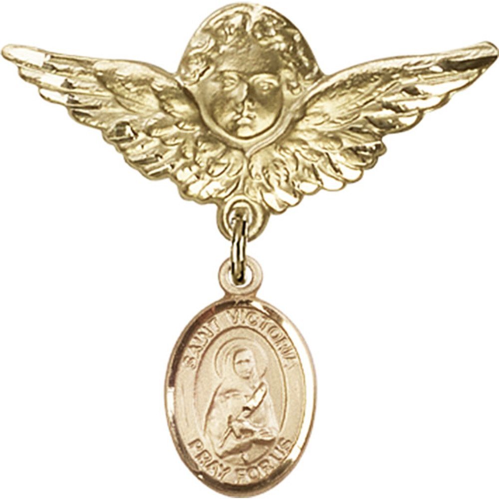 St. Victoria Gold Filled Baby Badge with Angel Wing Charm - 1 1/8 x 1 1/8 Inch Religious Jewelry Pin for Christening, Baptism & First Communion Gifts