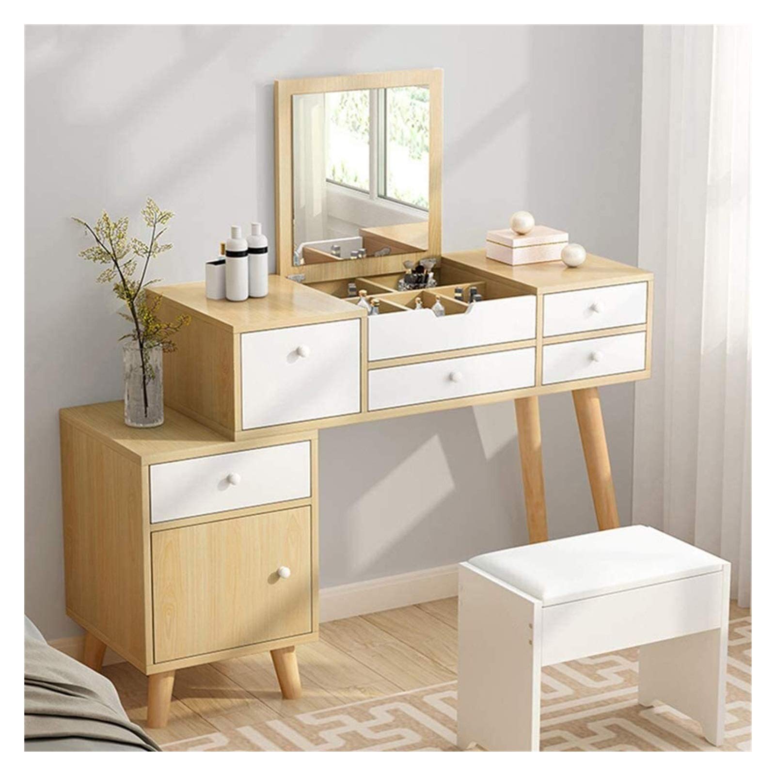 Elegant Wooden Makeup Vanity Set with 5 Drawers & Three-Fold Mirror - Dressing Table with Cushioned Stool for Bedroom, Writing Desk & Beauty Station - Perfect for Home Decor, Bridal Makeup & Small Space Organization