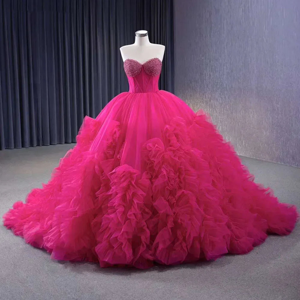 Serene Hill Fuchsia Elegant Boat Neck Lace-Up Pearl Beaded Luxury Wedding Dress 2025 | High-End Custom Made Bride Gown HM231108 | Perfect for Bridal Ceremonies, Vow Renewals & Formal Events