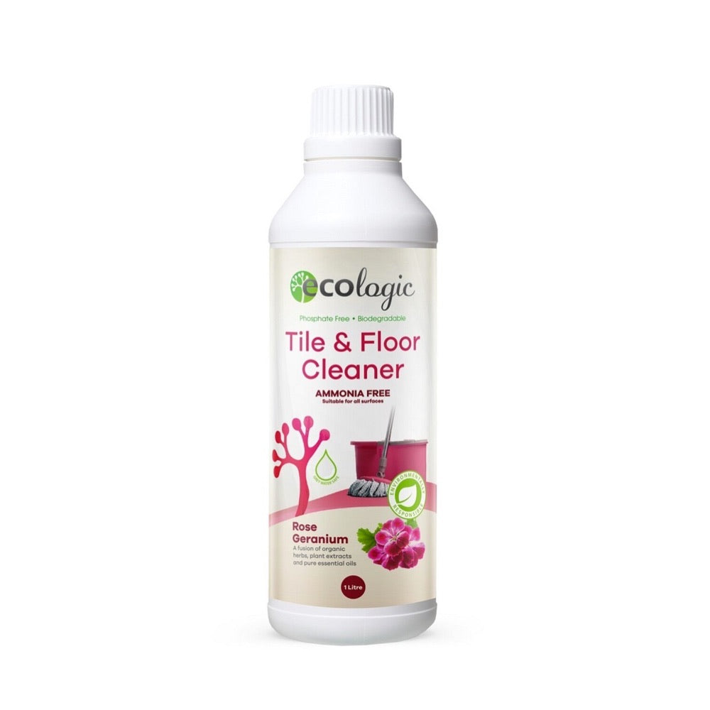 ECOLOGIC Natural Tile & Floor Cleaner with Rose Geranium Scent - 1L Bottle for Hardwood, Laminate & Ceramic Floors - Eco-Friendly Cleaning Solution for Home & Office Use