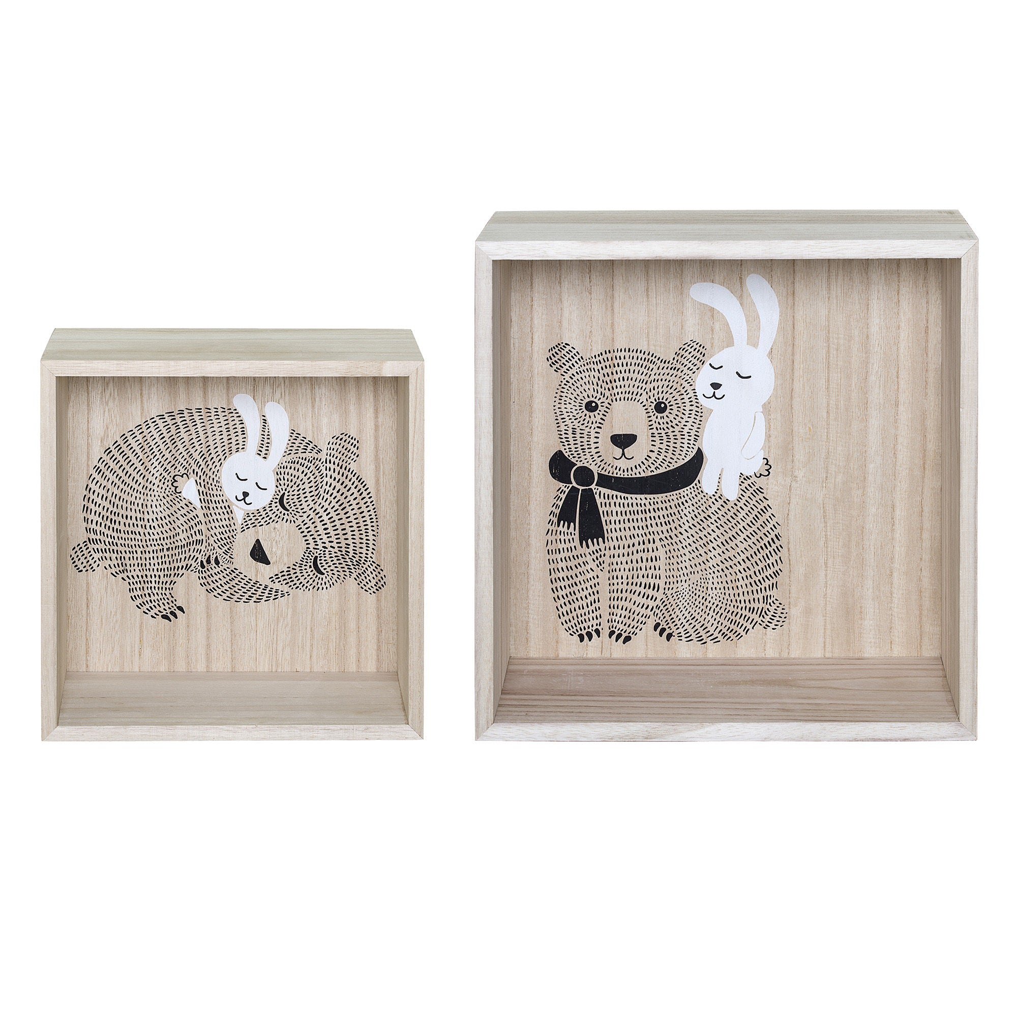 Bloomingville Wooden Bear Display Boxes - Set of 2 Rustic Nature-Themed Storage Containers for Home Decor, Nursery, or Gift Wrapping | Perfect for Organizing Jewelry, Keepsakes, and Small Treasures