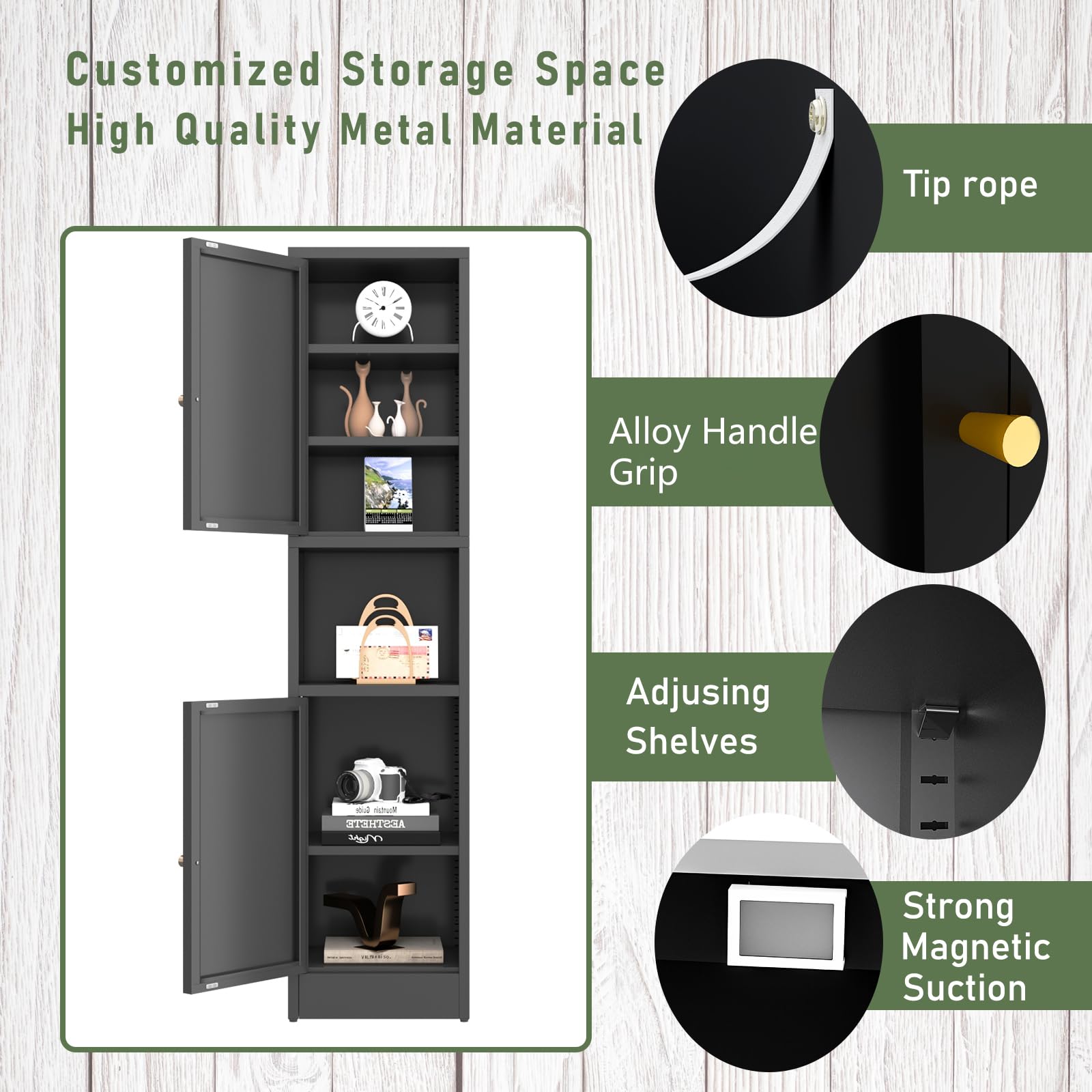 Black Tall Metal Storage Cabinet with 3 Adjustable Shelves & 2 Doors - Narrow Sideboard for Small Spaces - Perfect for Living Room, Home Office & Dining Room Organization