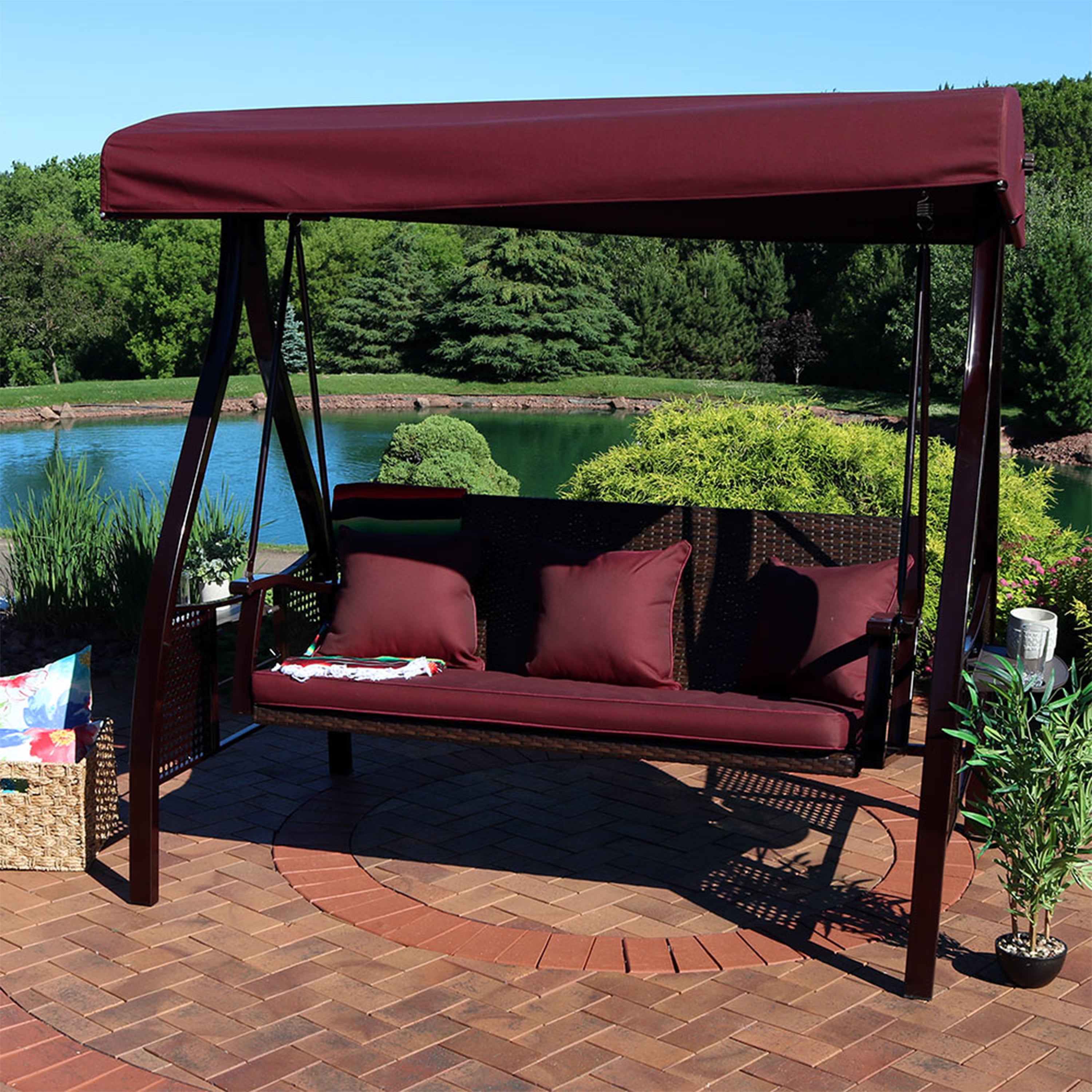 Sunnydaze Deluxe 3-Person Outdoor Patio Swing with Adjustable Canopy & Side Tables - Perfect for Backyard, Garden, or Porch Relaxation