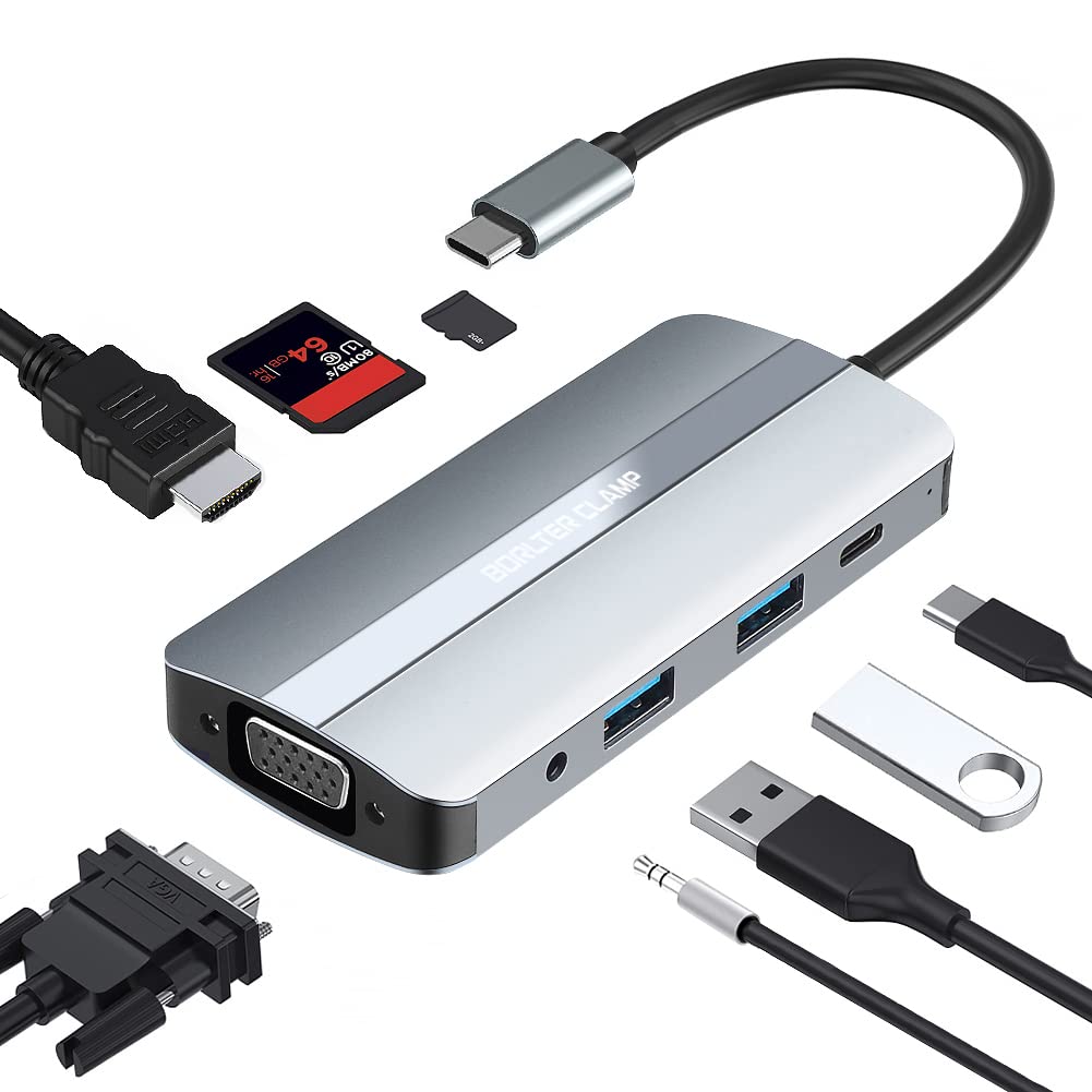 8-in-1 USB C Hub with HDMI, VGA, PD, Card Reader - for MacBook, XPS & More
