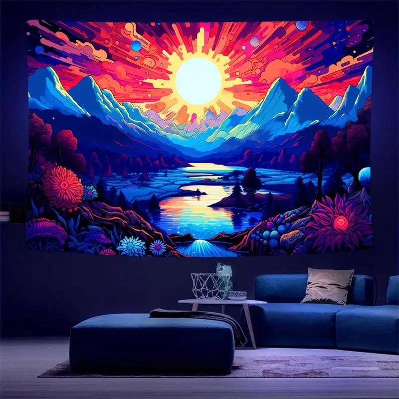 Sun Mountain Official Glow in The Dark UV Tapestry Wall Art - Psychedelic Blacklight Decor for Bedroom, Dorm & Music Festival
