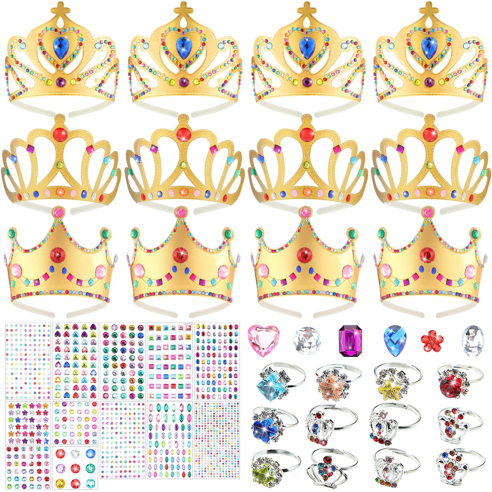 42-Piece DIY Foam Princess Crown Kit for Kids - Make Your Own Tiara Headband with Crystal Stickers & Gem Rings - Perfect for Birthday Parties, Dress-Up Play & Princess-Themed Events