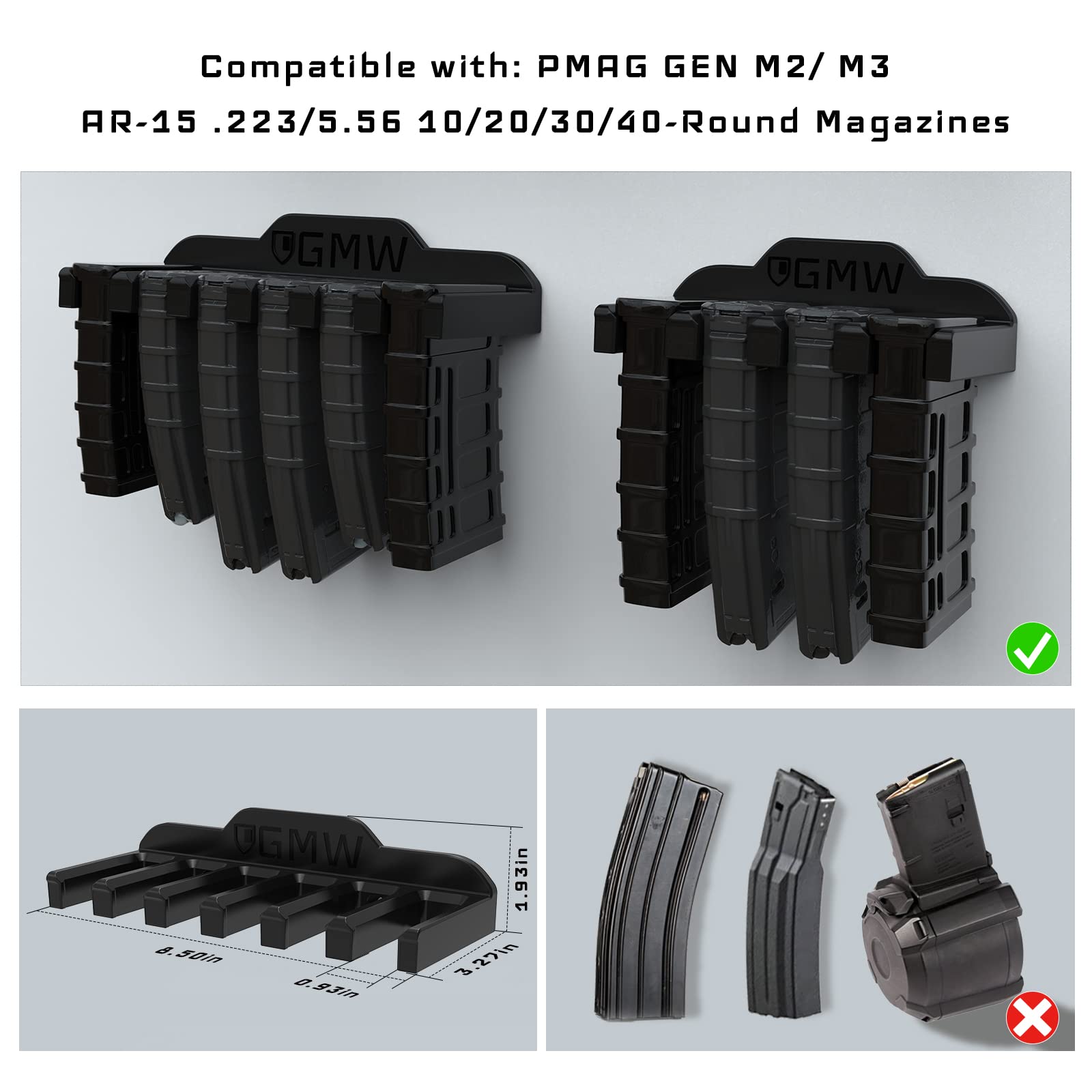 GMW PMAG Magazine Holder - AR Magnetic Gun Magazine Wall Mount for Gun Safe, Storage & Accessories | Secure & Quick Access for Home Defense & Range Practice