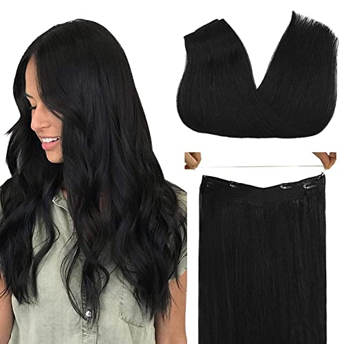 GOO GOO 20 Inch Jet Black 110g Human Hair Extensions - Remy Wire Hairpiece with Transparent Line for Women | Perfect for Styling, Volume Boost & Special Occasions