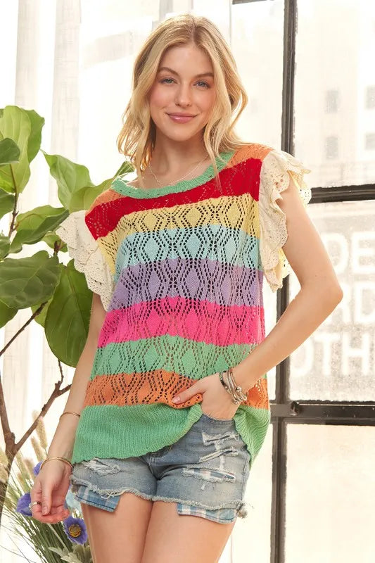 ADORA Women's Eyelet Sleeve Crochet Top - Colorful Boho Summer Blouse for Beach, Vacation & Casual Outings