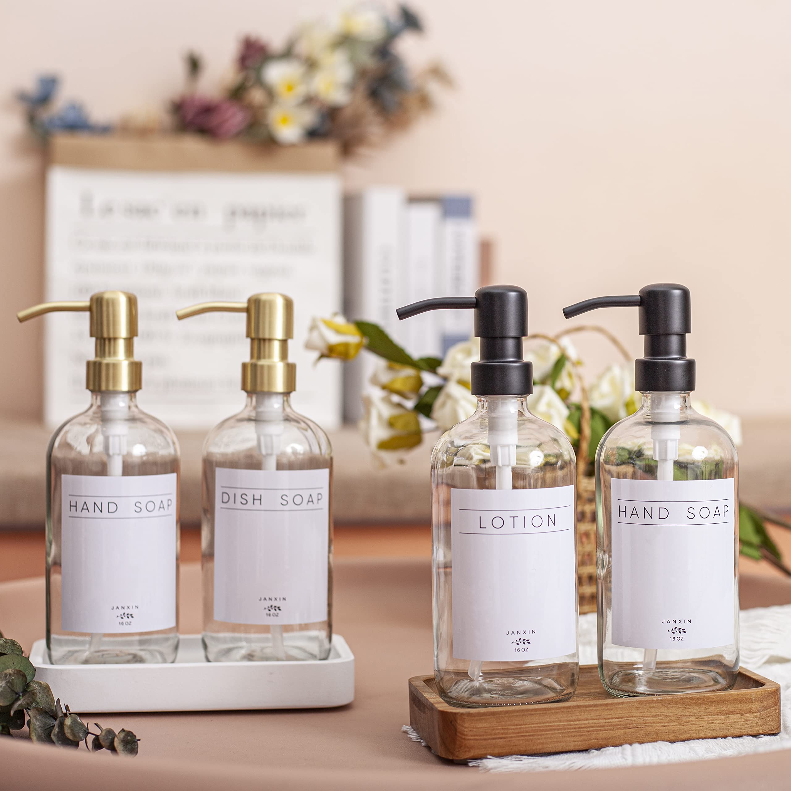 Elegant Clear Glass Soap Dispenser with Stainless Steel Pump & Wood Tray - Hand Soap Dispenser for Kitchen, Bathroom, Sink Countertop - Modern Home Decor Set (White Wood Tray + Black Pump) - Perfect for Farmhouse, Apartment & Office Use