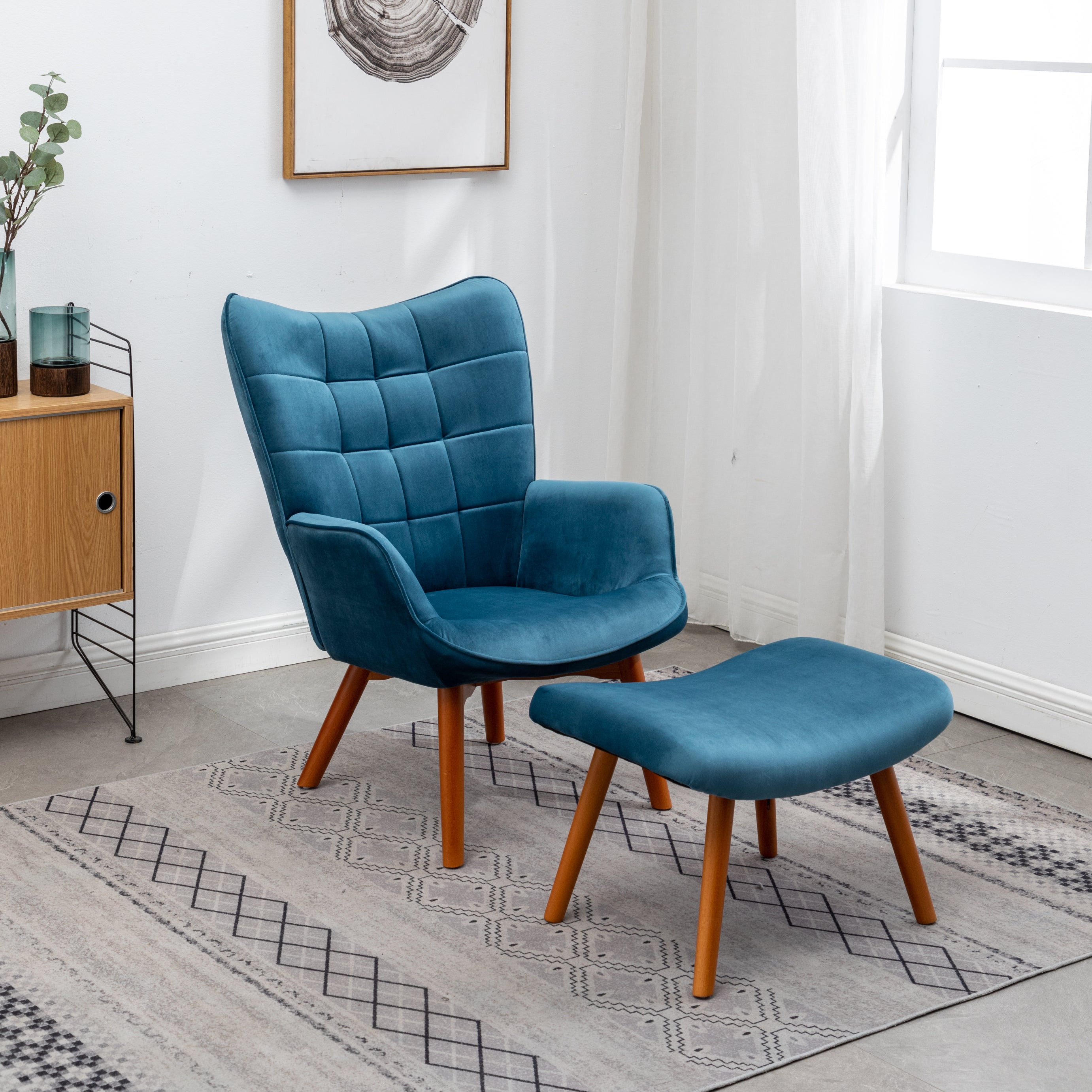 Roundhill Furniture Leiria Contemporary Silky Velvet Tufted Accent Chair with Ottoman - Blue Velvet Lounge Chair for Living Room, Bedroom & Office - Modern Comfortable Seating for Relaxing & Reading