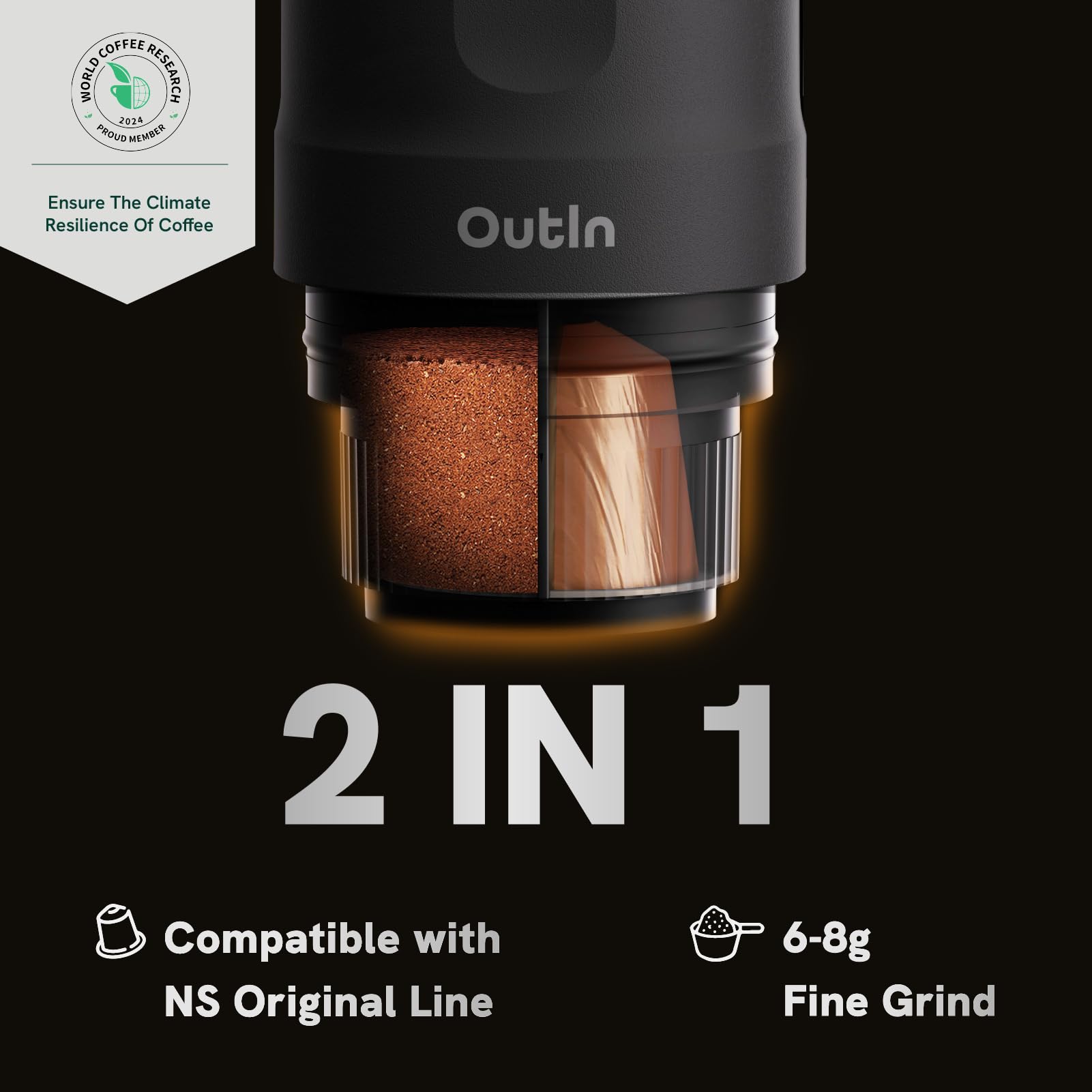OutIn Nano Portable Electric Espresso Machine - USB-C Self-Heating Travel Coffee Maker for Camping, Hiking, RV & Office Use | Includes Ground Coffee & NS Capsule | Perfect for Outdoor Adventures, Road Trips & Workspaces