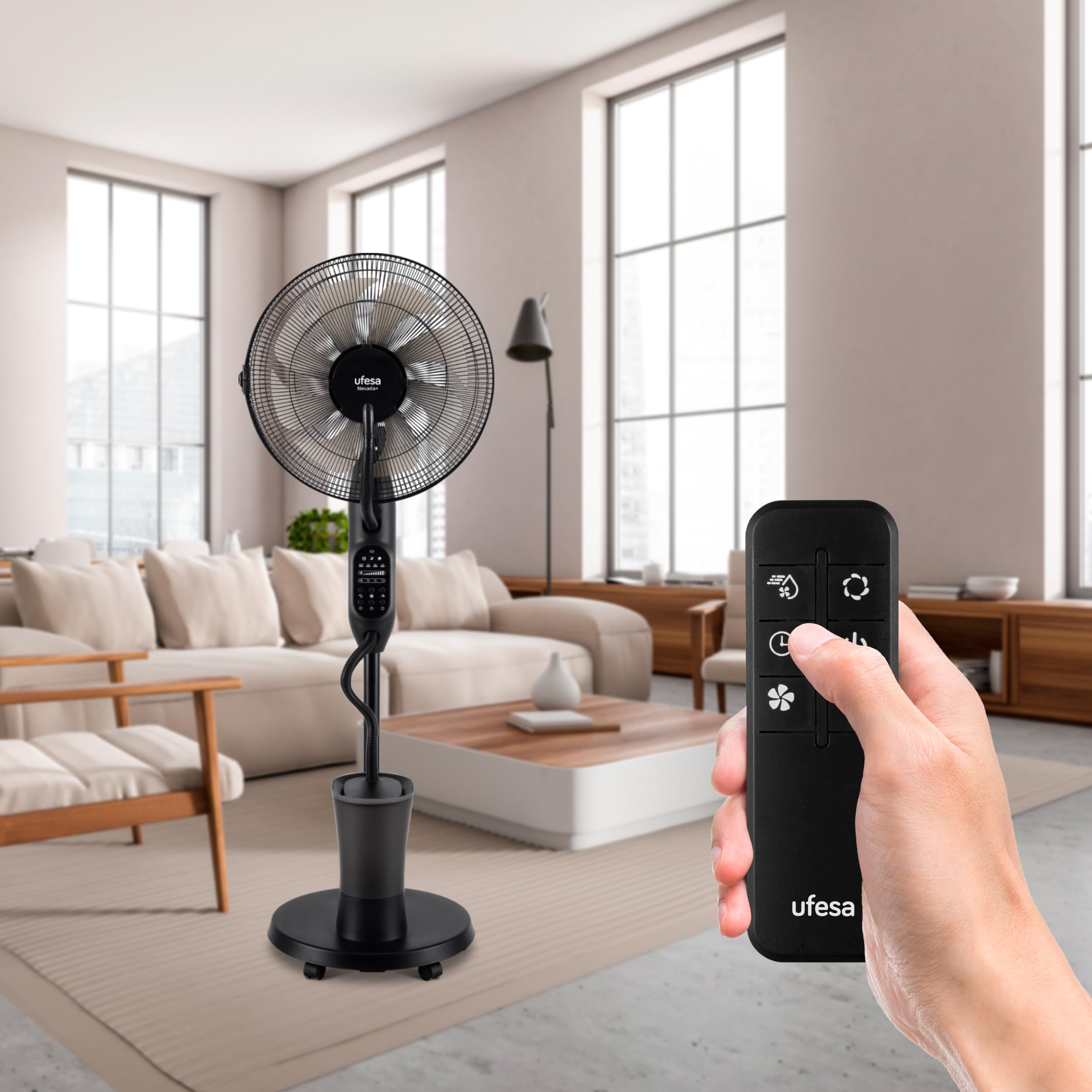 Ufesa 40cm Mist Fan with Remote Control - Ultra Quiet, 3 Modes, 9 Speeds, Timer, 8 Blades, 60W - Perfect for Outdoor Patio, Poolside, and Indoor Cooling